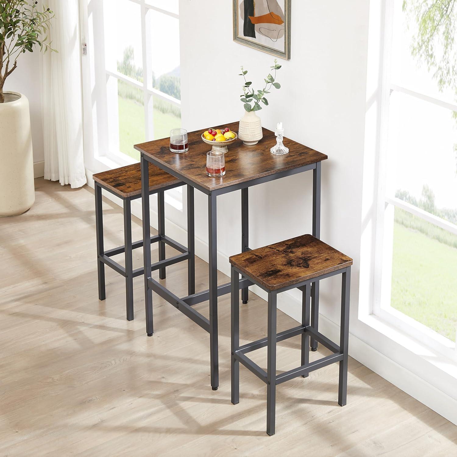 Rustic Brown and Black Square Pub Table Set with 2 Chairs