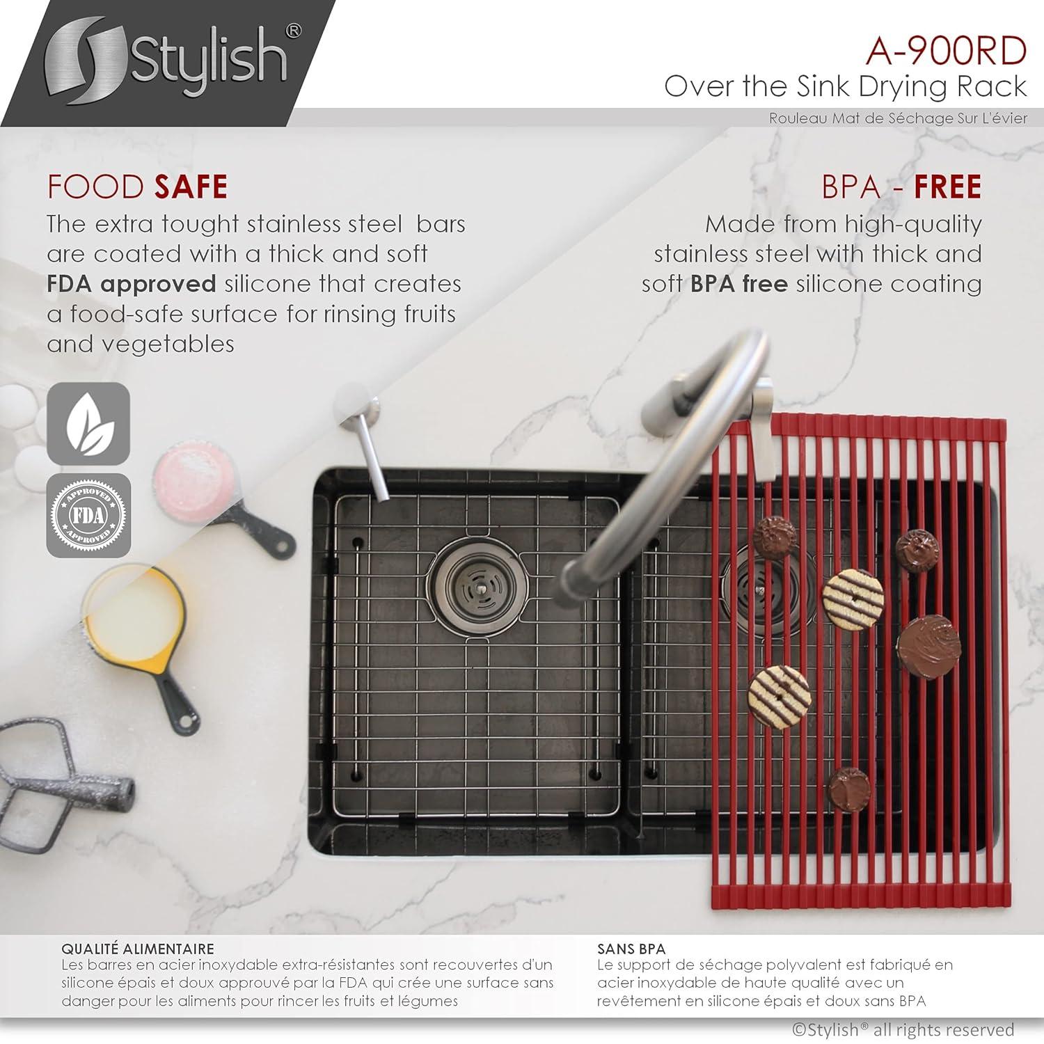 STYLISH Over The Sink Roll Up Dish Drying Rack Heat Resistant Trivet for Drying Dishes and Rinsing Vegetables Dark Grey A-900DG