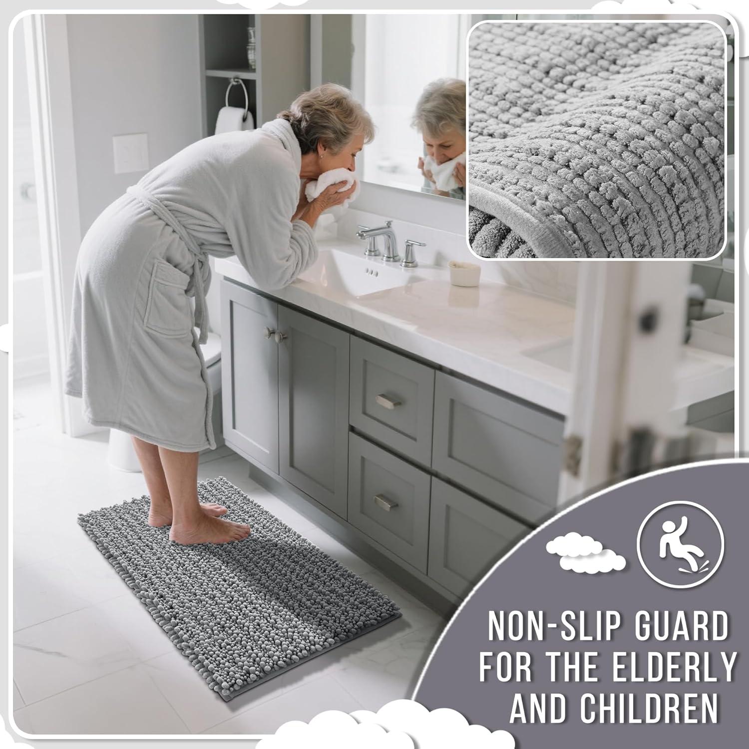 CHENHAINAN Bathroom Rug Mat, 24'' x 17'', Luxury Chenille Shaggy Bath Rugs, Extra Soft & Thick, Absorbent Water, Non-Slip, Machine Washable, Bath Mats for Bath Floor,Tub and Shower, Gray