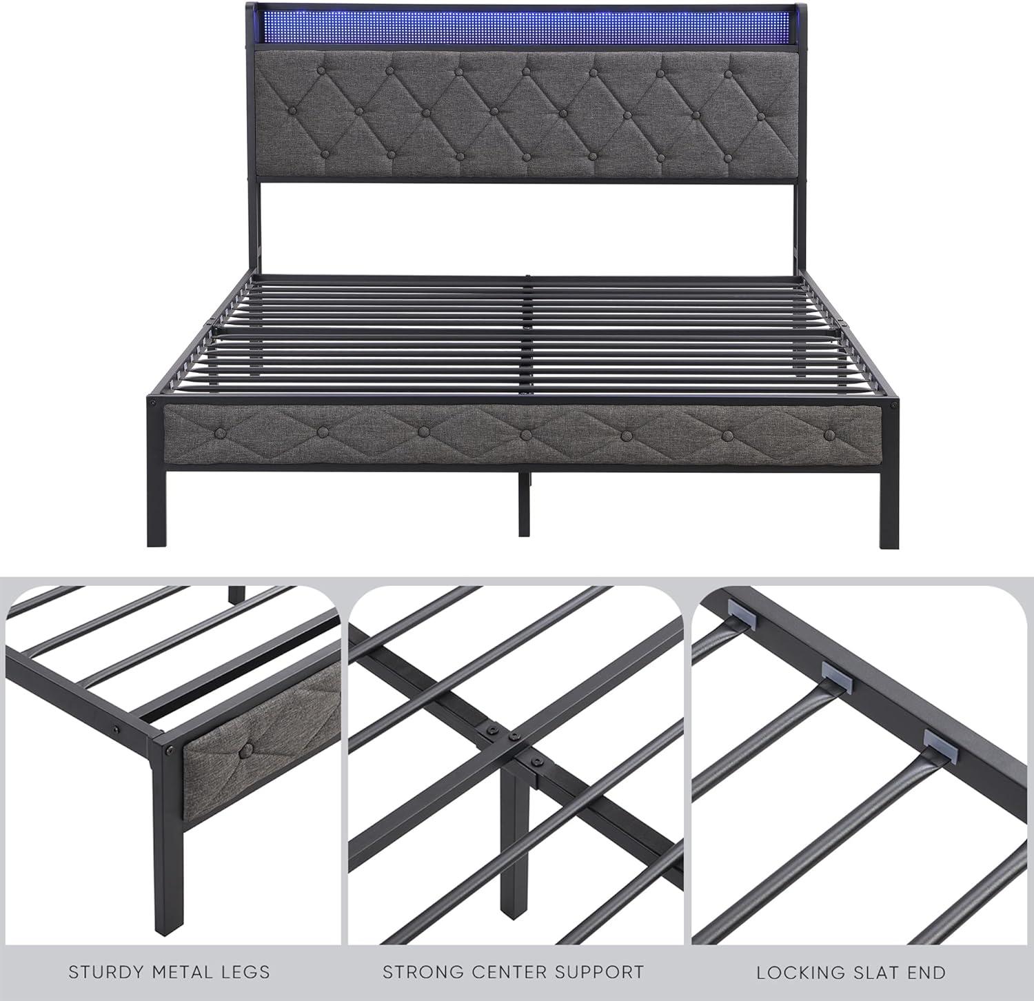 GeeHome Full Bed Frame with Storage Headboard, Charging Station and LED Lights, Upholstered Platform Bed with Heavy Metal Slats, No Box Spring Needed, Noise Free, Easy Assembly, Dark Gray