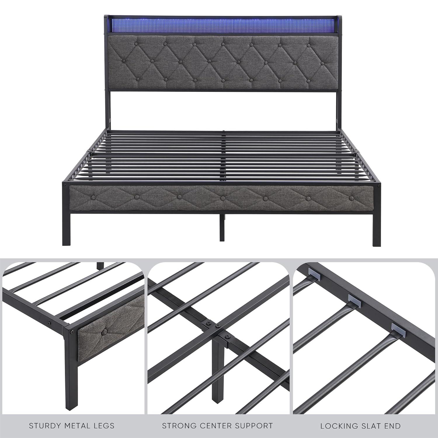 GeeHome Full Bed Frame with Storage Headboard, Charging Station and LED Lights, Upholstered Platform Bed with Heavy Metal Slats, No Box Spring Needed, Noise Free, Easy Assembly, Dark Gray