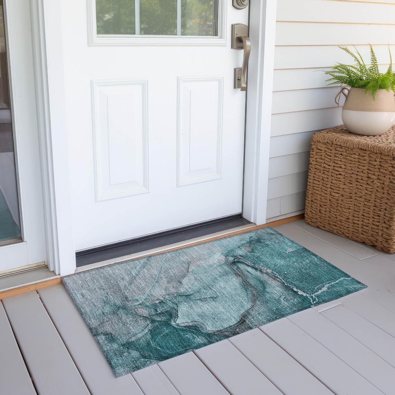 Addison Rugs Chantille Indoor/Outdoor Transitional Watercolors Teal Washable Rectangle Rug, 1'8" x 2'6"