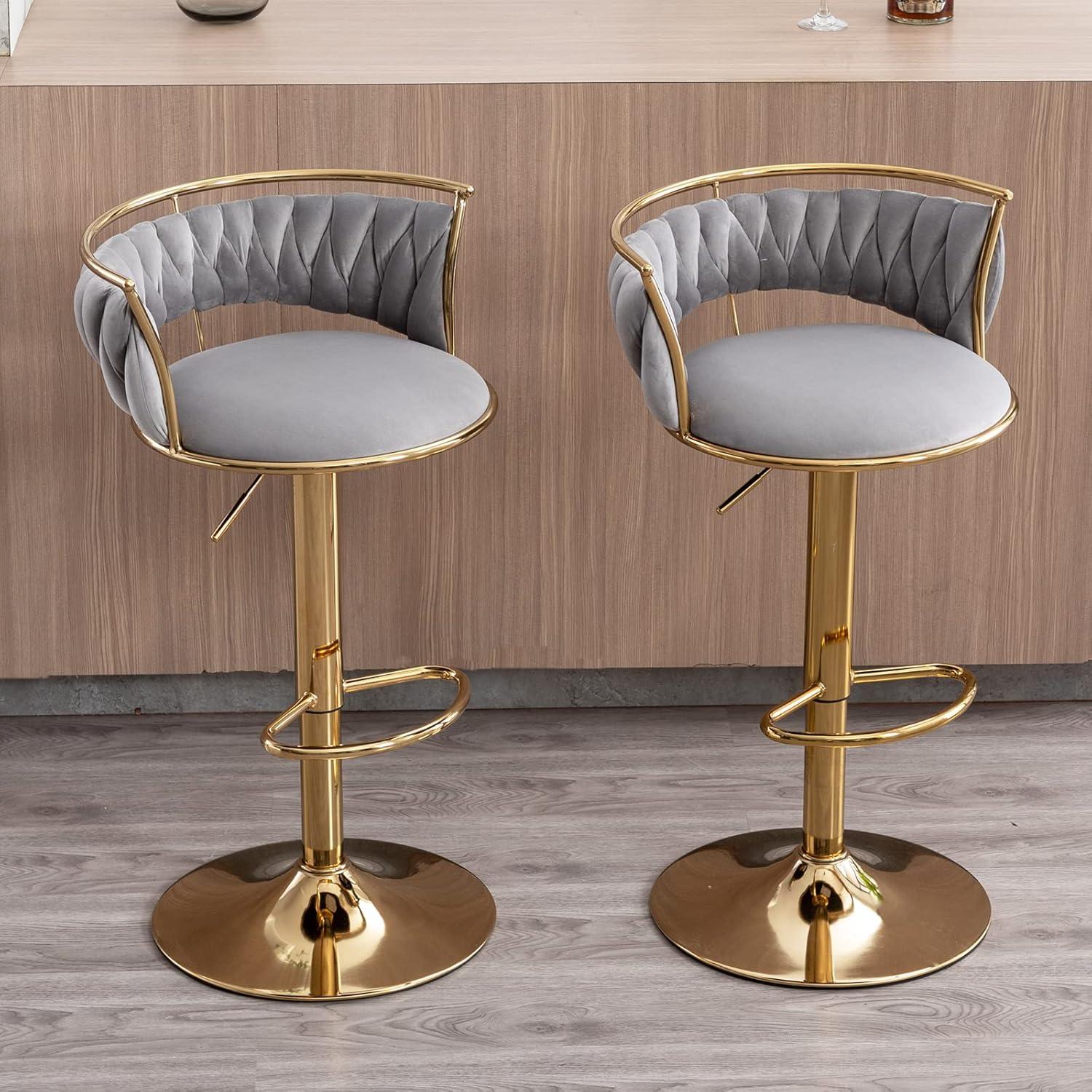 Velvet Bar Stools Set of 2, Counter Height Bar Stools with Low Back, Gold Swivel Barstools for Kitchen Island, Bar Pub (Grey)
