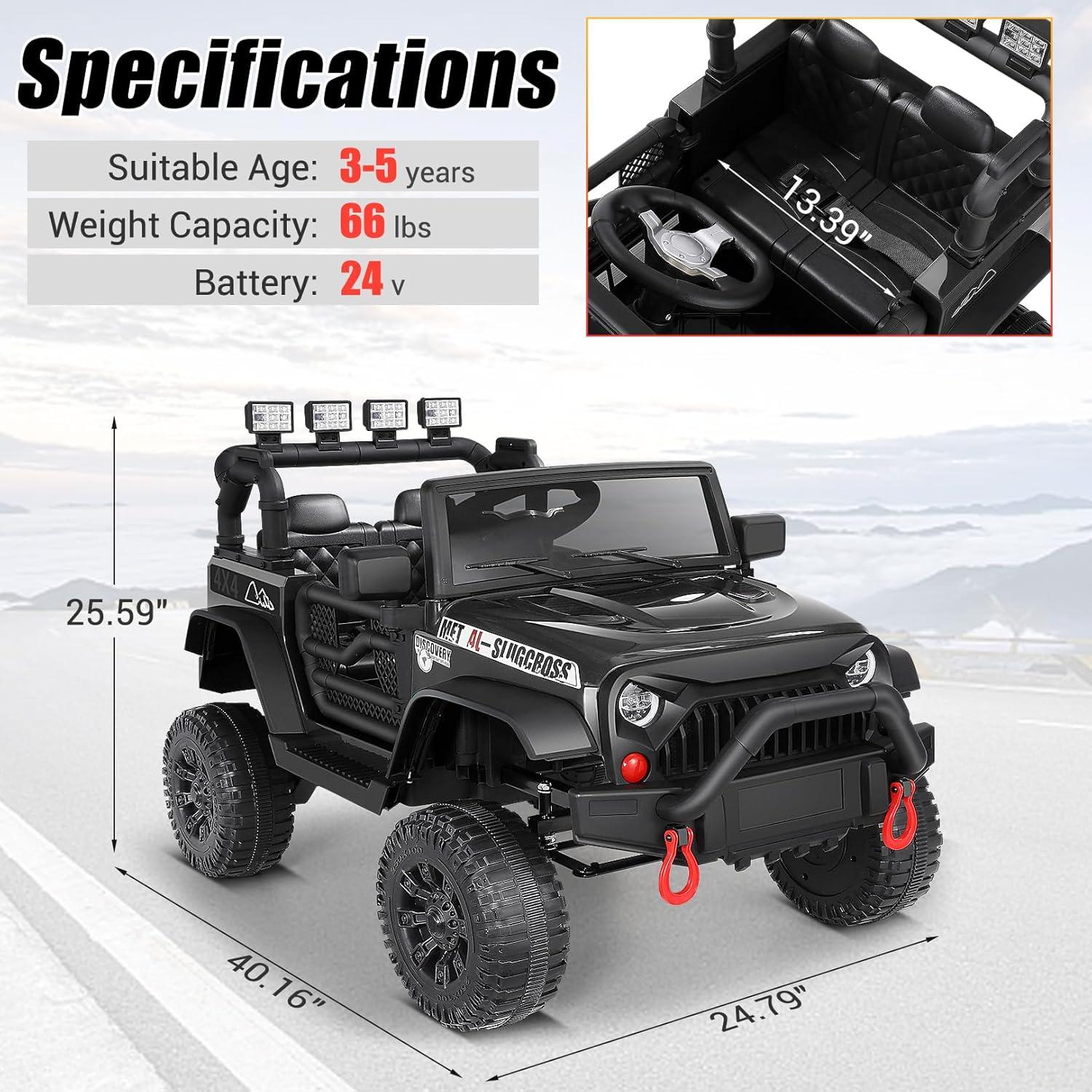 Ancheer Alex 24V Electric Ride on Jeeps for Kids, Ride On Car Truck with Remote Control, Battery Power Car Wheels for Kids w/LED Lights, Bluetooth, Music, 3 Speeds, 24 Volt Ride on Toys for Boys and Girls