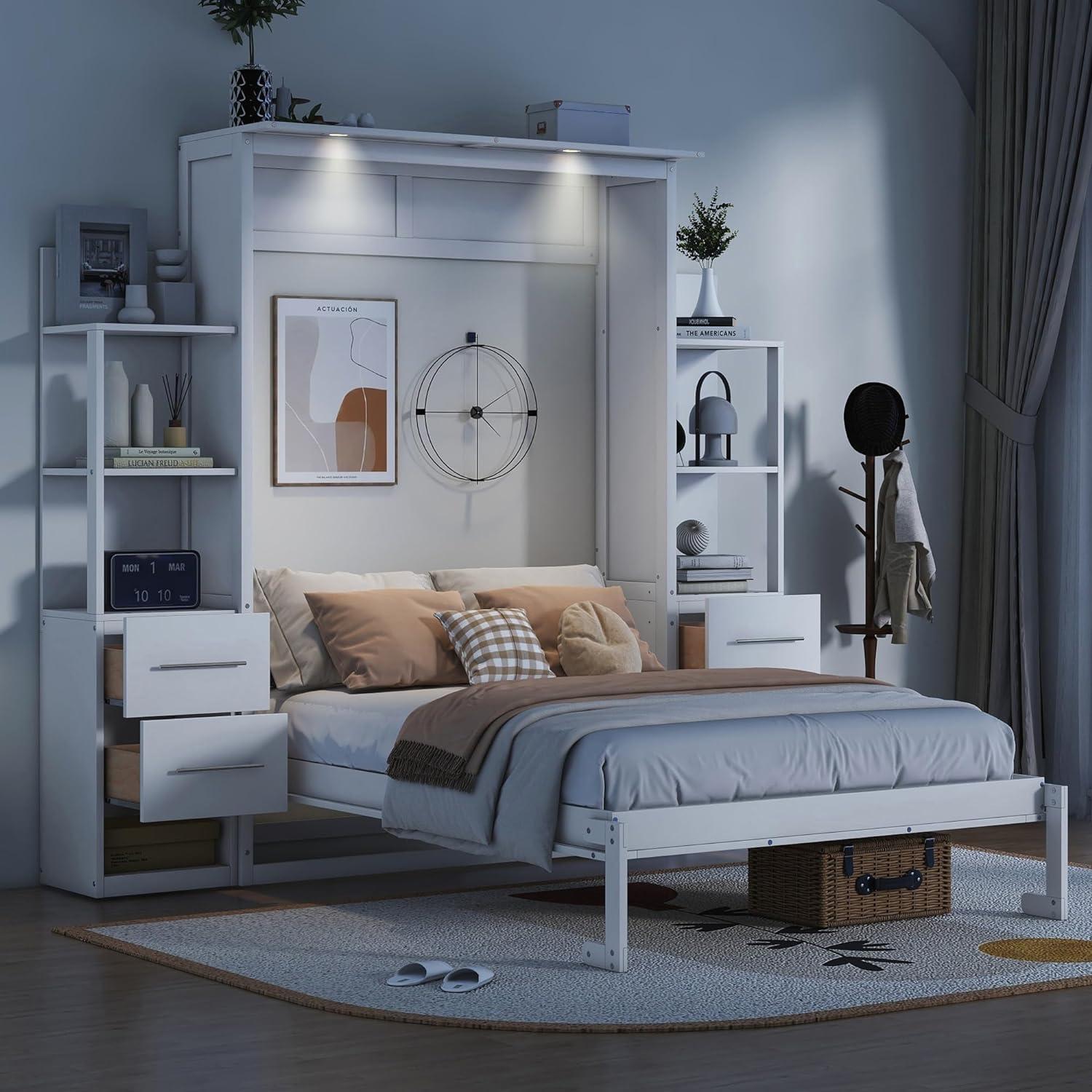 Full Size Murphy Bed, Transformable Bed Frame with Both Side Shelves, Drawers, Space-Saving Bed for Children, Teens, Adults, Noise-Free, No Box Spring Need, White