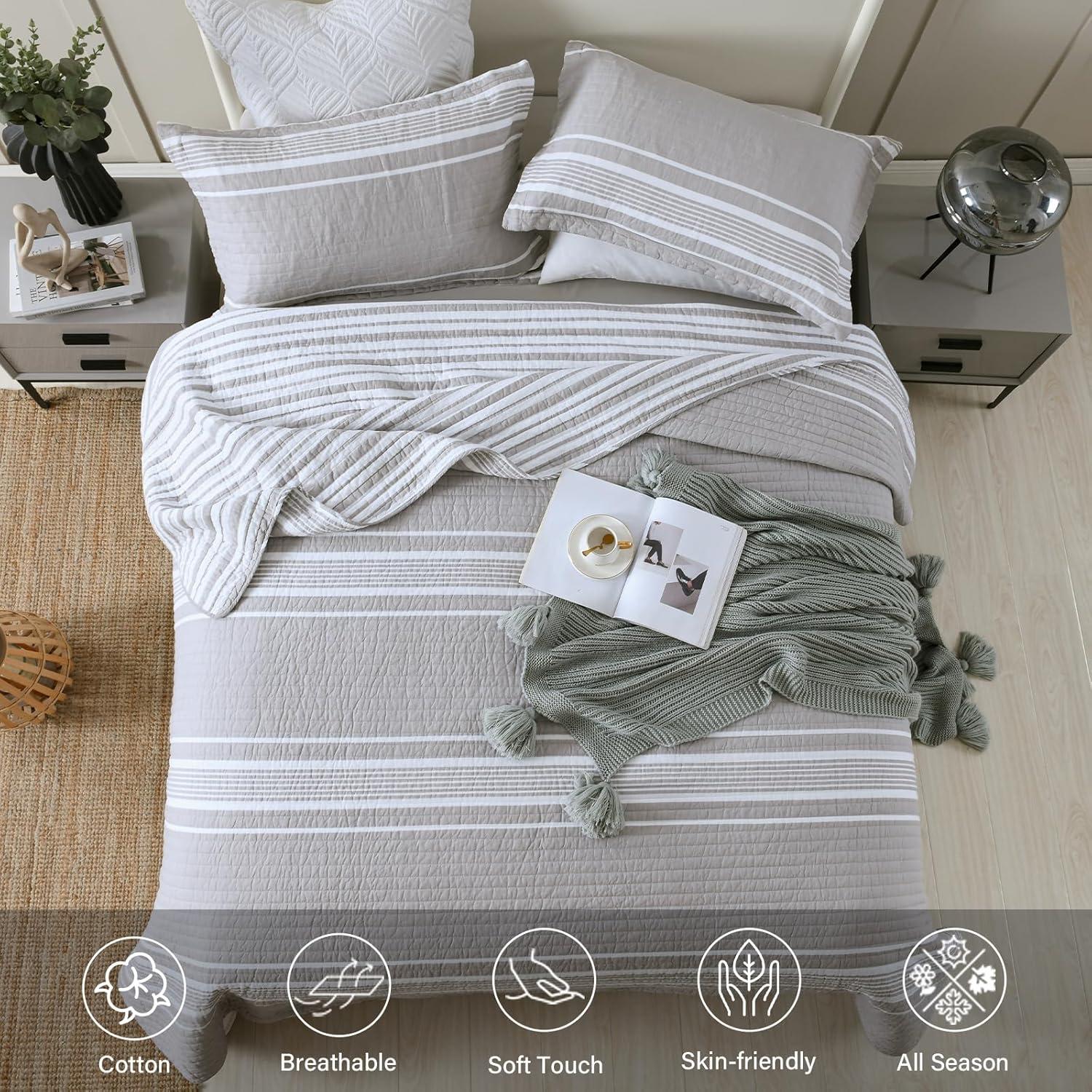 3pc King Farmhouse Striped Reversible Quilt Bedding Set Gray - Lush Décor