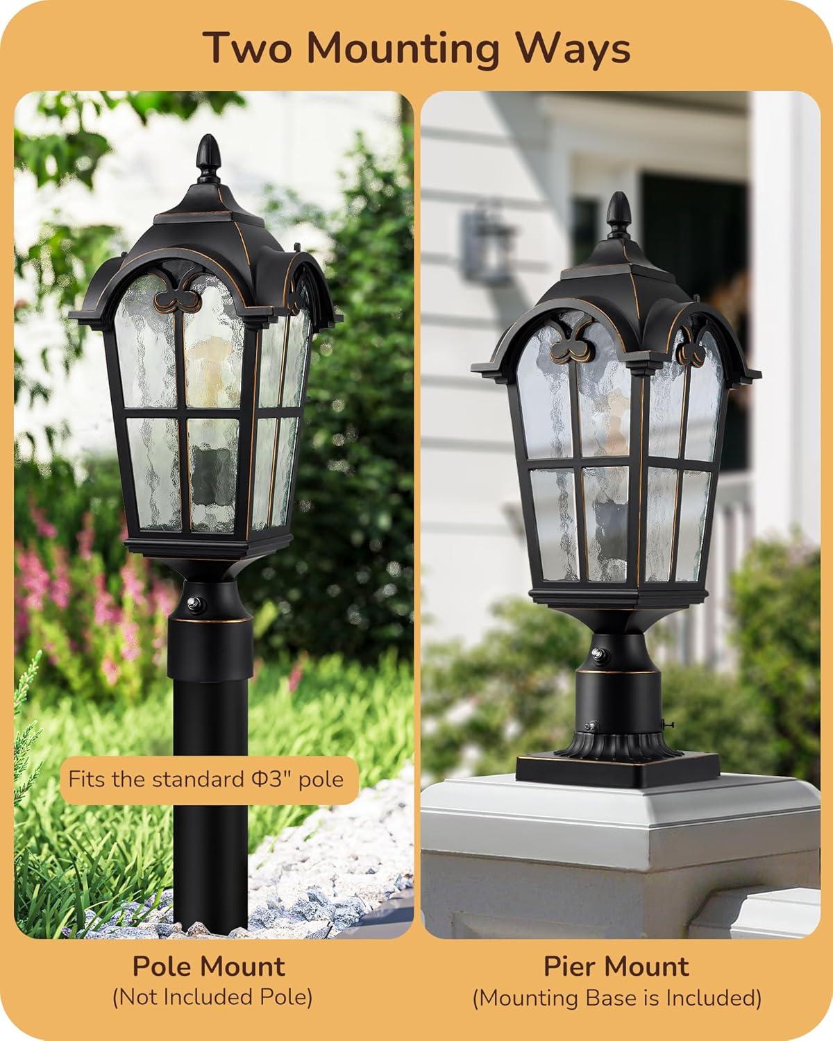 EDISHINE Large Size Dusk to Dawn Outdoor Post Light, 21.9'' H Pole Light Fixture with Pier Mount Base, Waterproof Exterior Lamp Post Lantern Head for Yard, Driveway, Fence, Black