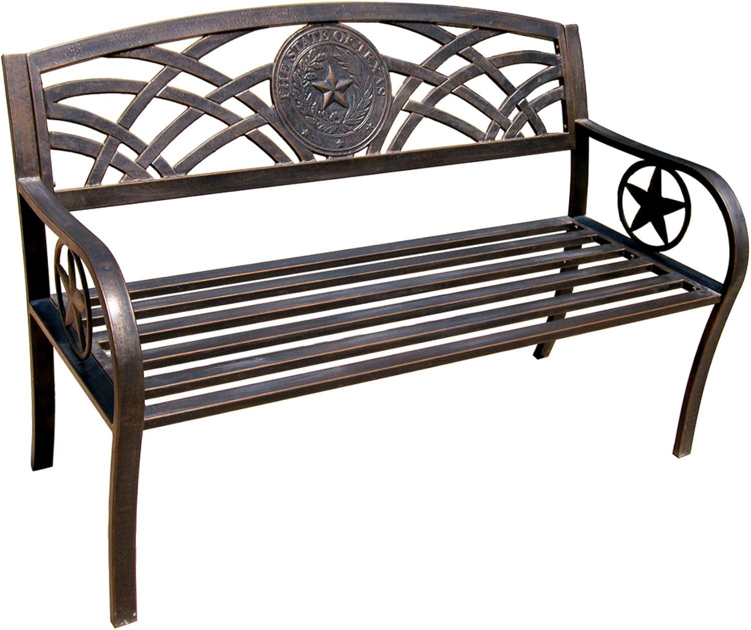 Leigh Country TX 93545 Adult Outdoor Metal Patio Bench with Texas State Seal Design - Bronze