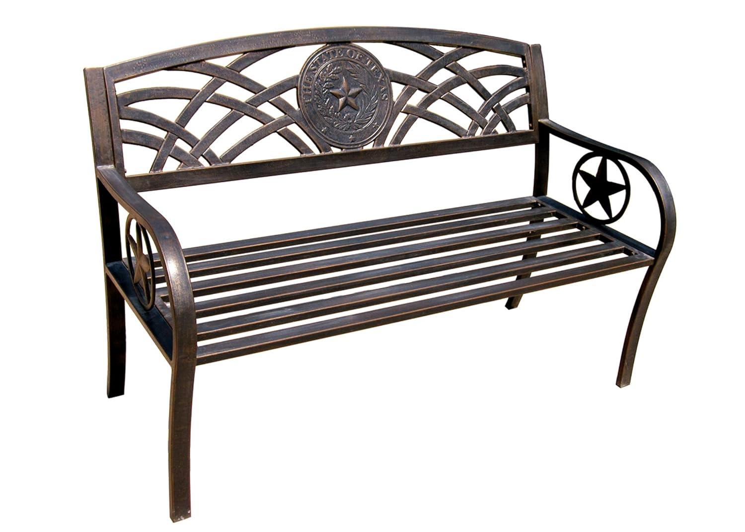 Leigh Country TX 93545 Adult Outdoor Metal Patio Bench with Texas State Seal Design - Bronze