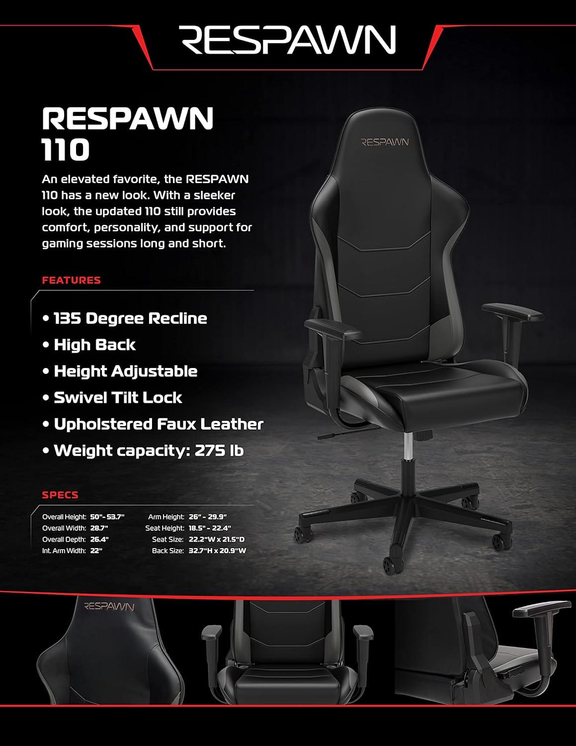 RESPAWN 110 Gaming Chair - Gamer Chair PC Computer Chair, Ergonomic Gaming Chairs, Office Chair with Integrated Headrest, Gaming Chair for Adults 135 Degree Recline with Angle Lock