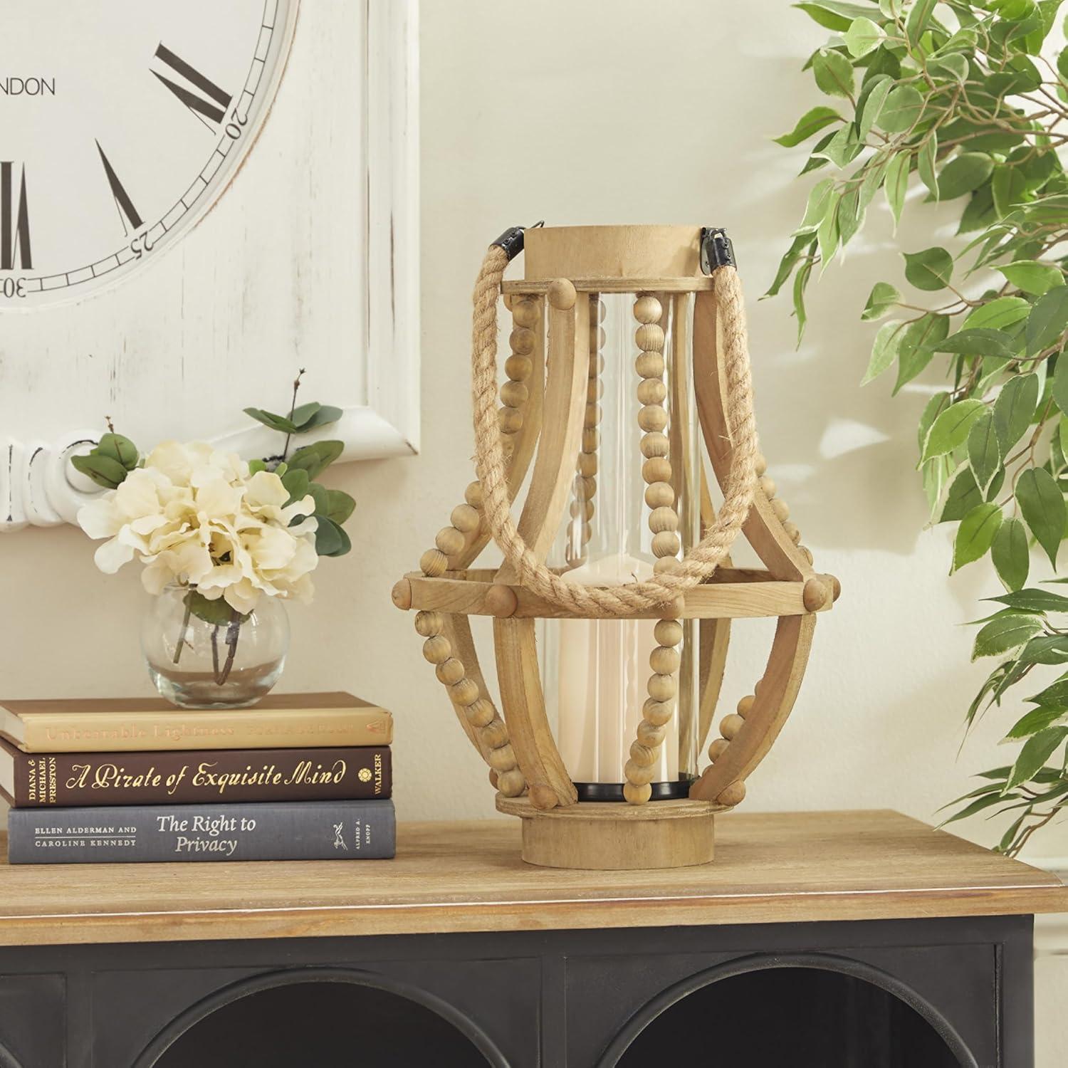 Olivia & May 16" x 10" Rustic Wood/Glass Candle Holder with Rope Handle Beige : Wooden Lantern, Tall Pillar Style