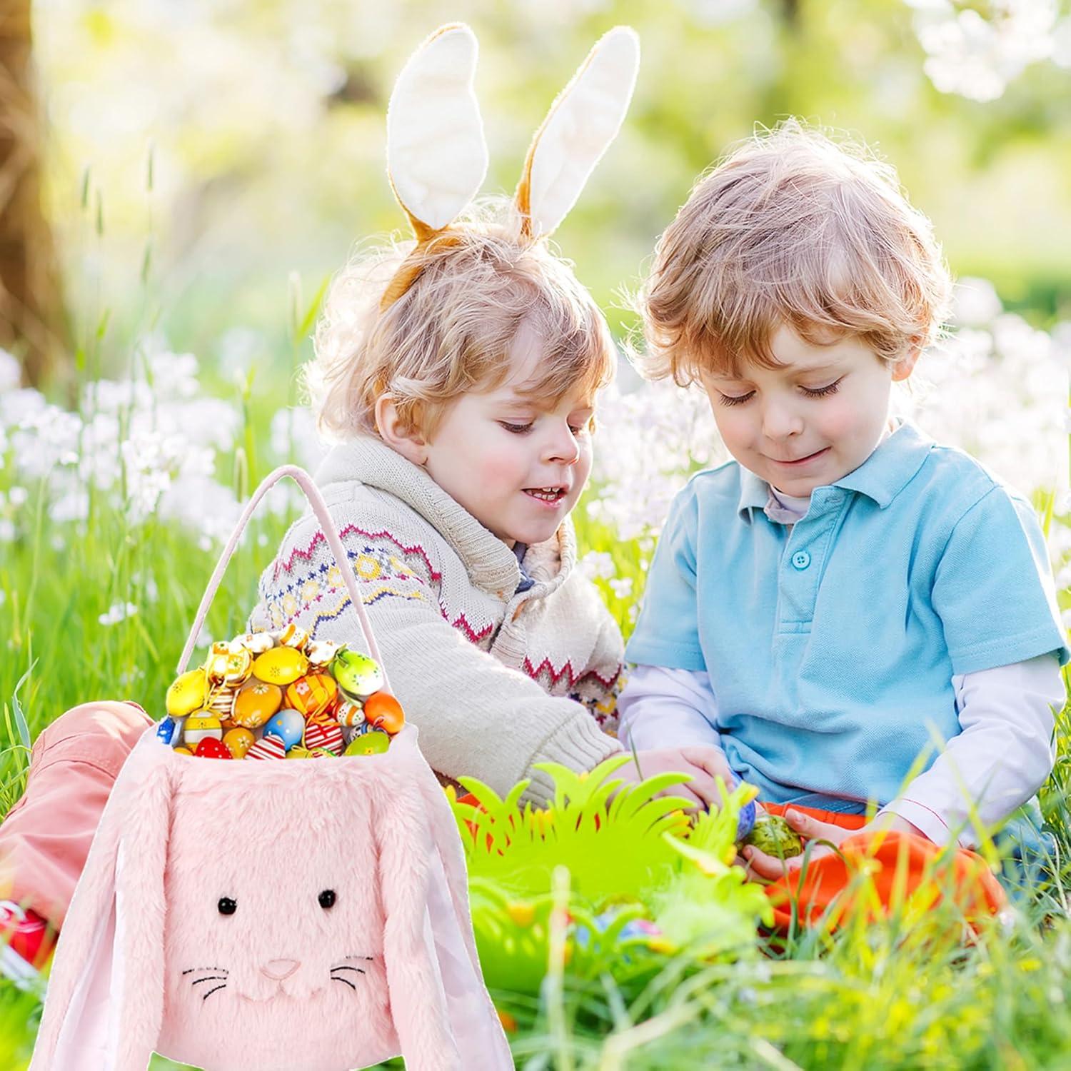 Easter Bunny Tote Bag, Cute Fuzzy Rabbit Ears Soft Plush Candy Handle Bag Eggs Basket Gift Bag for Kids Holiday Decorations