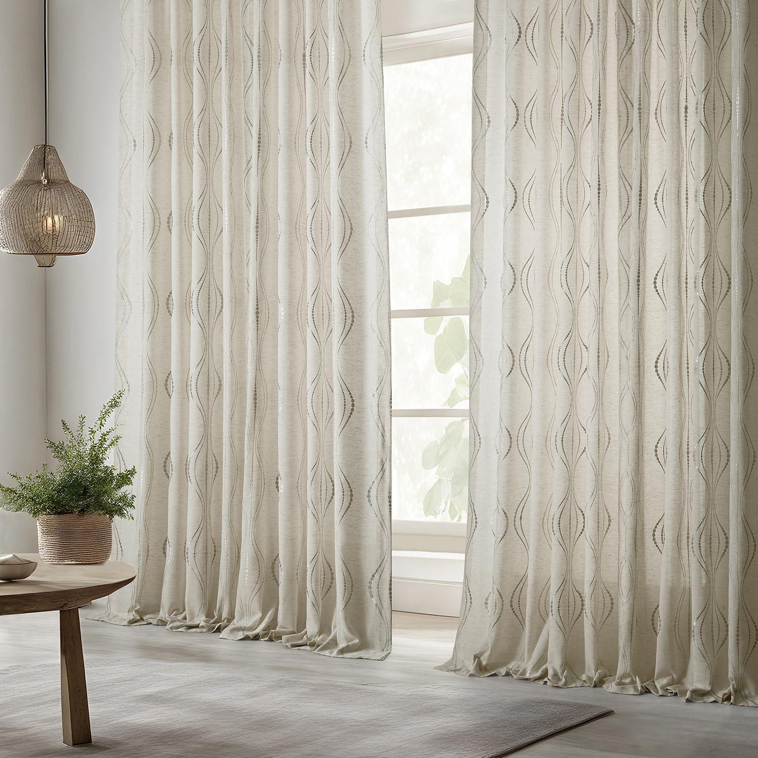 Suez Natural Embroidered Faux Linen Sheer Curtain (1 Panel), Suez Natural, 50W X 96L