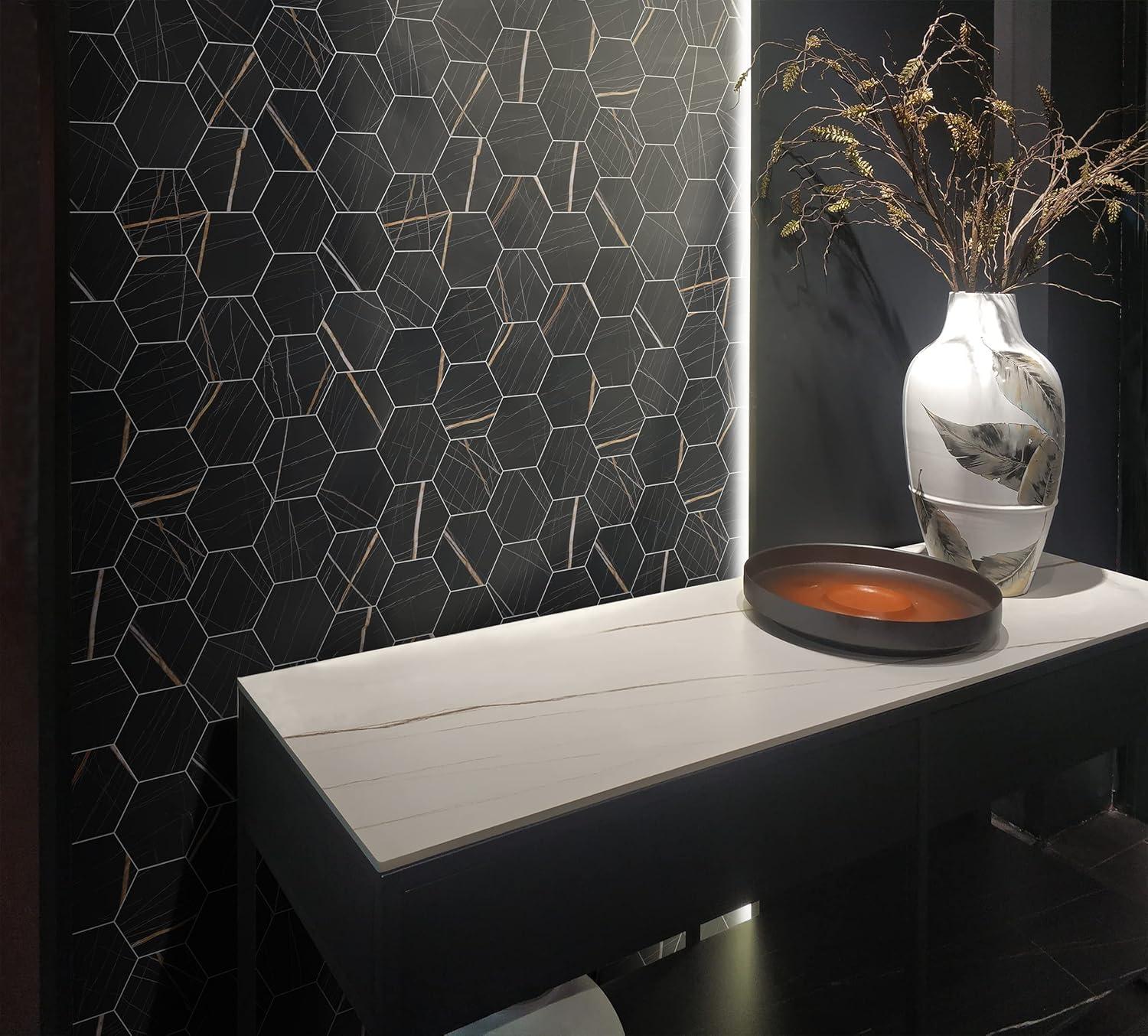 Avant Decor | Stone Composite Hexagon Stone Texture | Peel and Stick Kitchen Backsplash Tiles | Stick On Wall Tiles | Easy DIY Installation | 6” x 6.9” | Single Tile