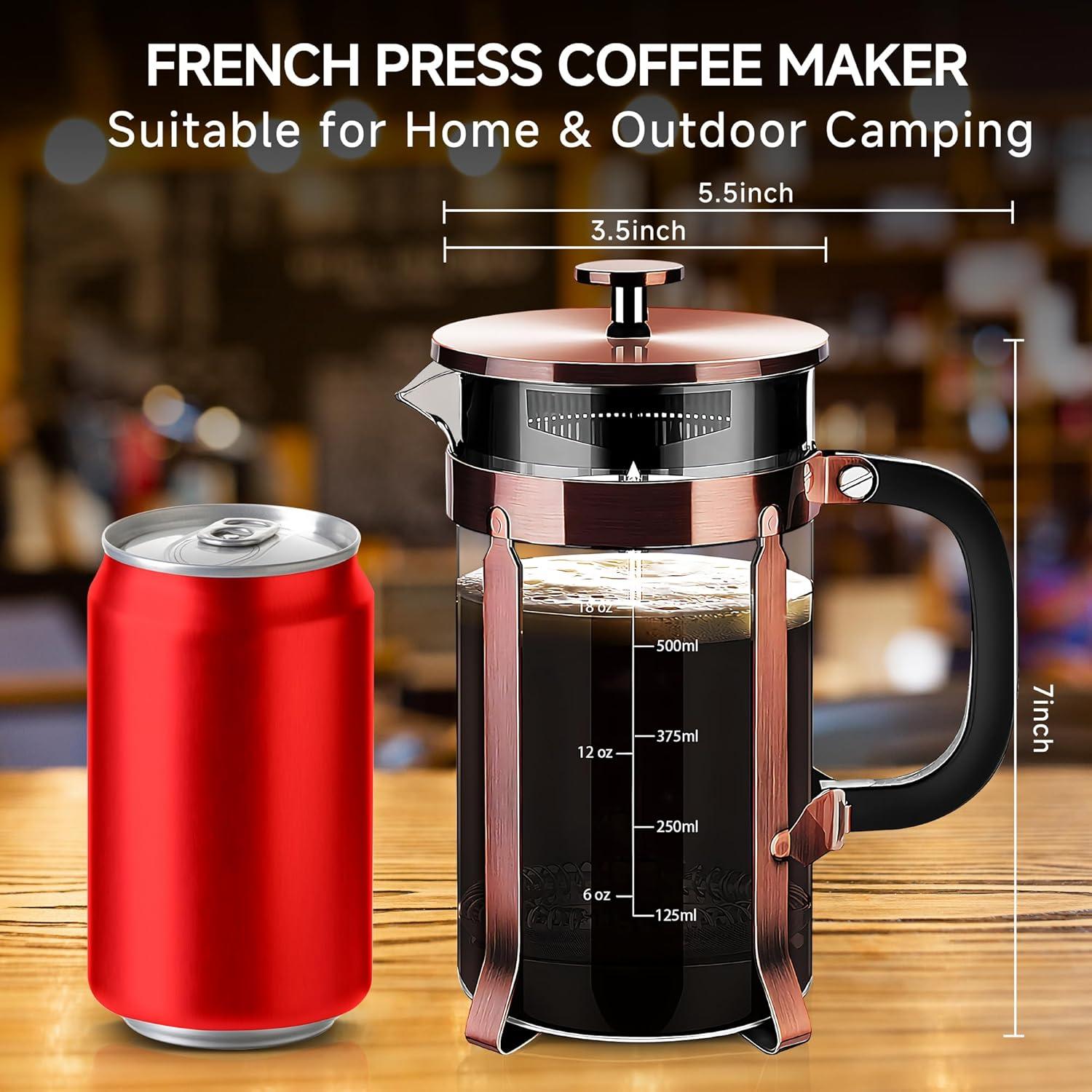 French Press Coffee Maker (21oz 600ML 3-4Cup) Coffee Press, with 4 Filters System, Heat Resistant Thickness Borosilicate Glass, Cold Brew Coffee Tea Pot Gifts (Copper)