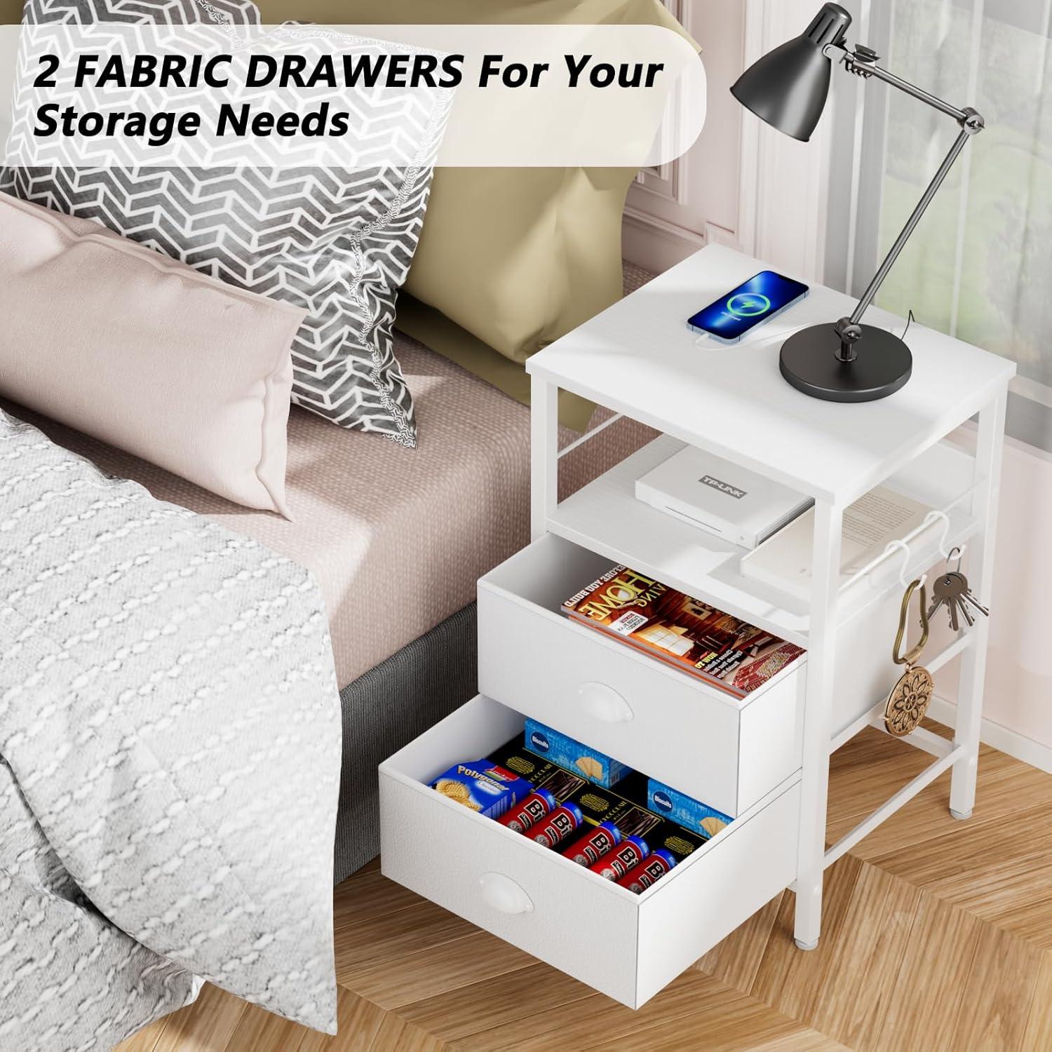 Furologee Nightstand with Charging Station, Bedside Table with USB Ports & Outlets, Night Stand with Storage Shelf & Hooks, End Table with Fabric Drawers for Bedroom, Living Room, White