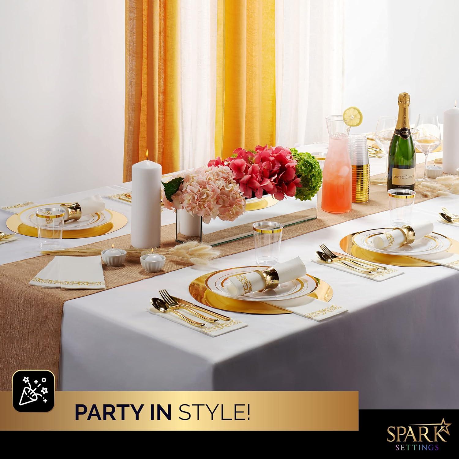 SparkSettings Rose Gold Plastic Silverware, 50 Pre Rolled Napkin and Cutlery Set