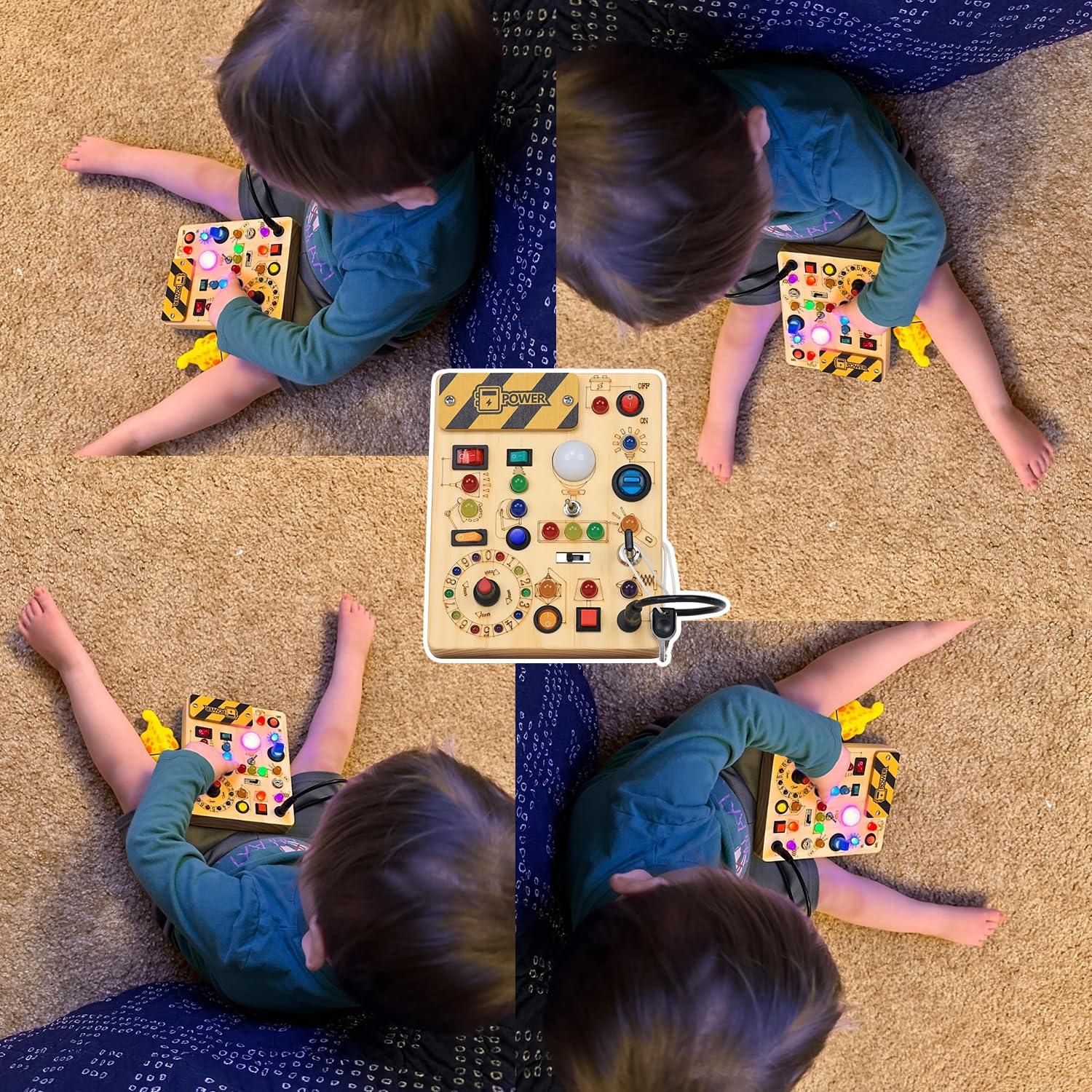 RichBoy Busy Board for 1-3 Year Old, LED Light Sensory Toys for Kids with Autism, Wooden Fine Motor Skills Montessori Toys, Toddlers Birthday Gift (Activity Sturdy, Well-Made)