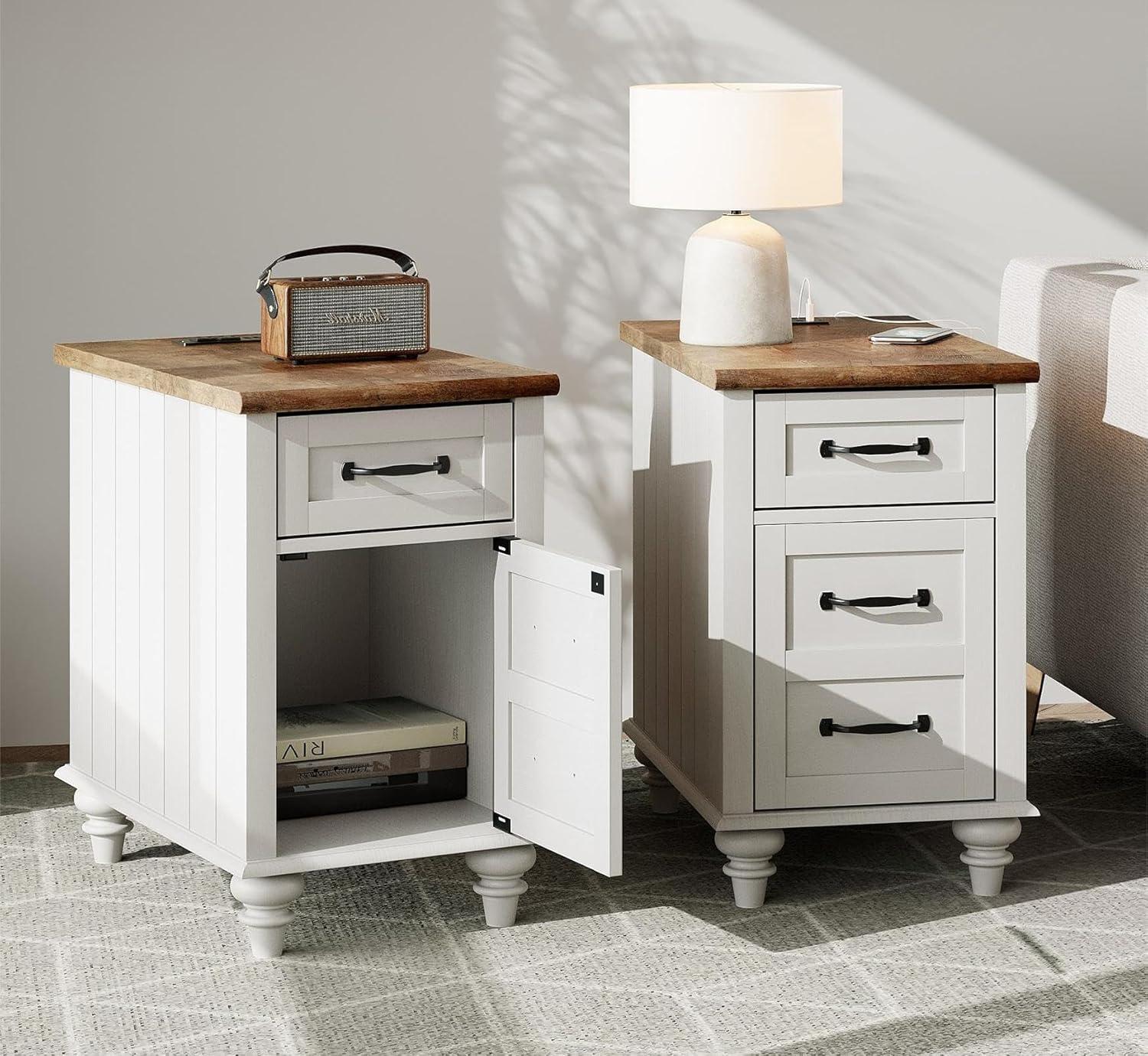 WAMPAT 2 Pack End Tables with Charging Station, Farmhouse Side Table with Drawer & Storage Cabinet, White Nightstand with Power Outlets & USB Ports for Living Room, Bedroom