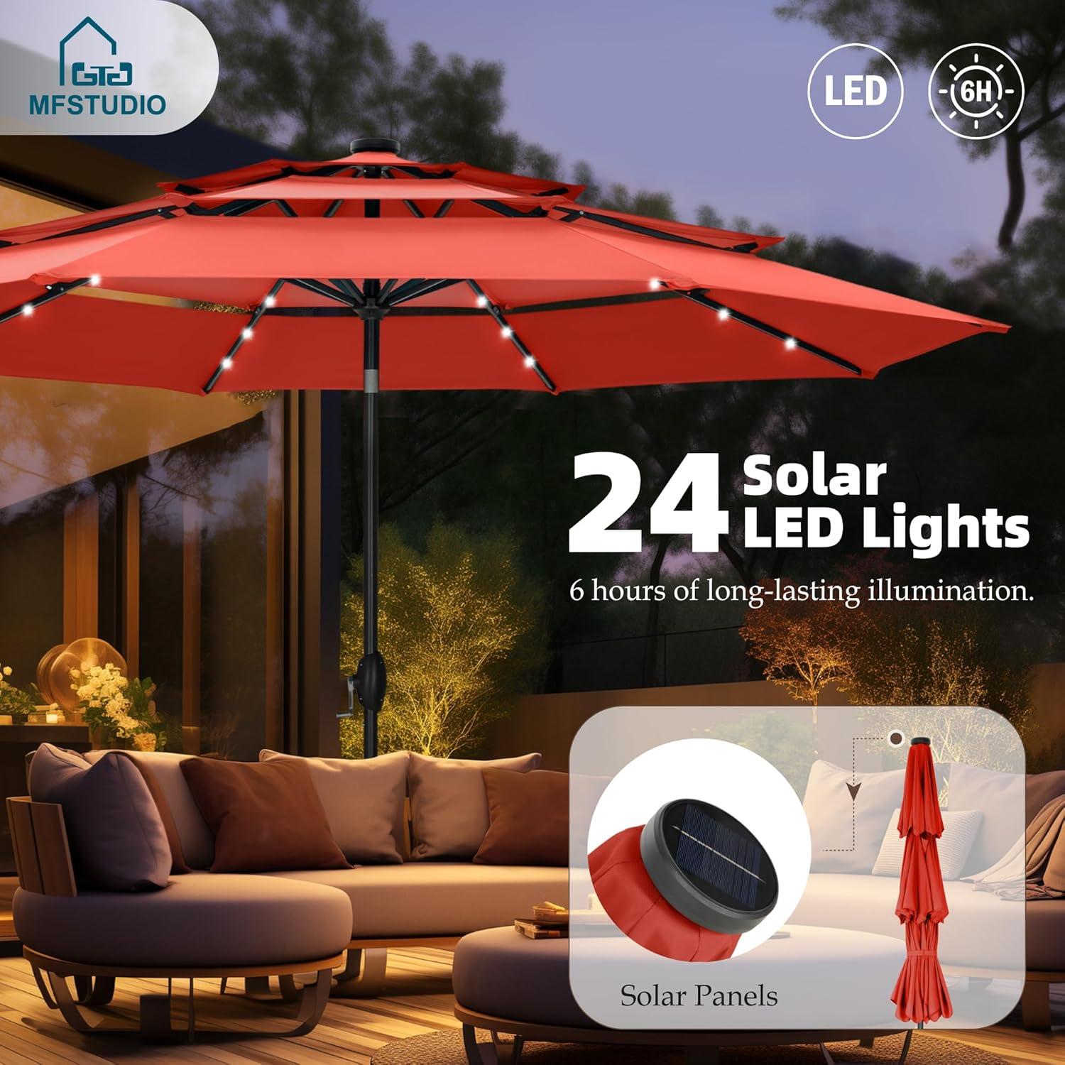 10ft Orange Red Polyester 3-Tier Vented Patio Umbrella with Auto-Tilt