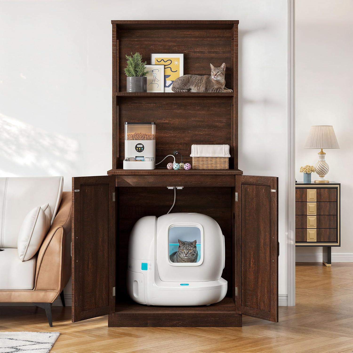 DWVO Large Hidden Cat Litter Box Enclosure Furniture with 2 Shelf Cat Washroom Storage with Charging Station，Wooden Cat Cabinet for Litter Box - Gray
