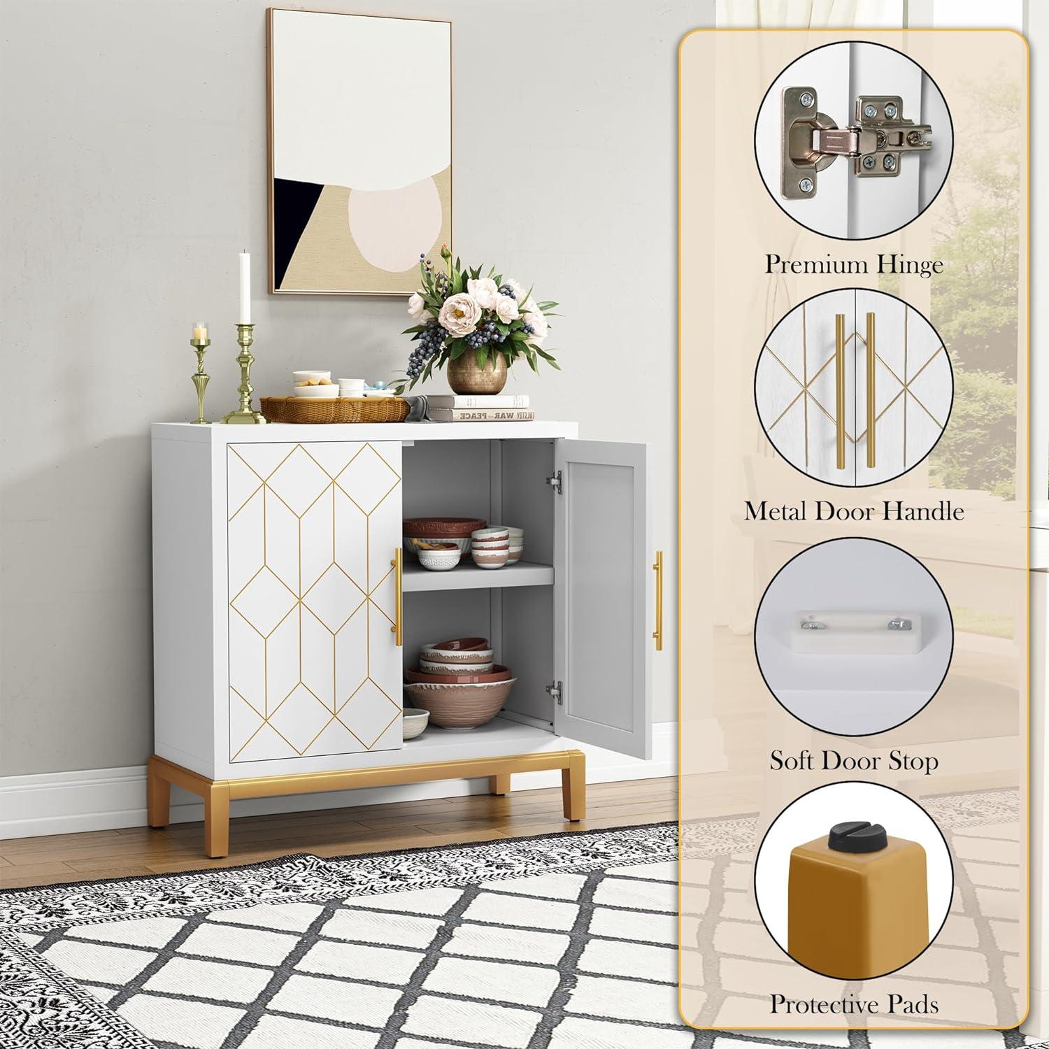 White and Gold Geometric Wooden Accent Cabinet