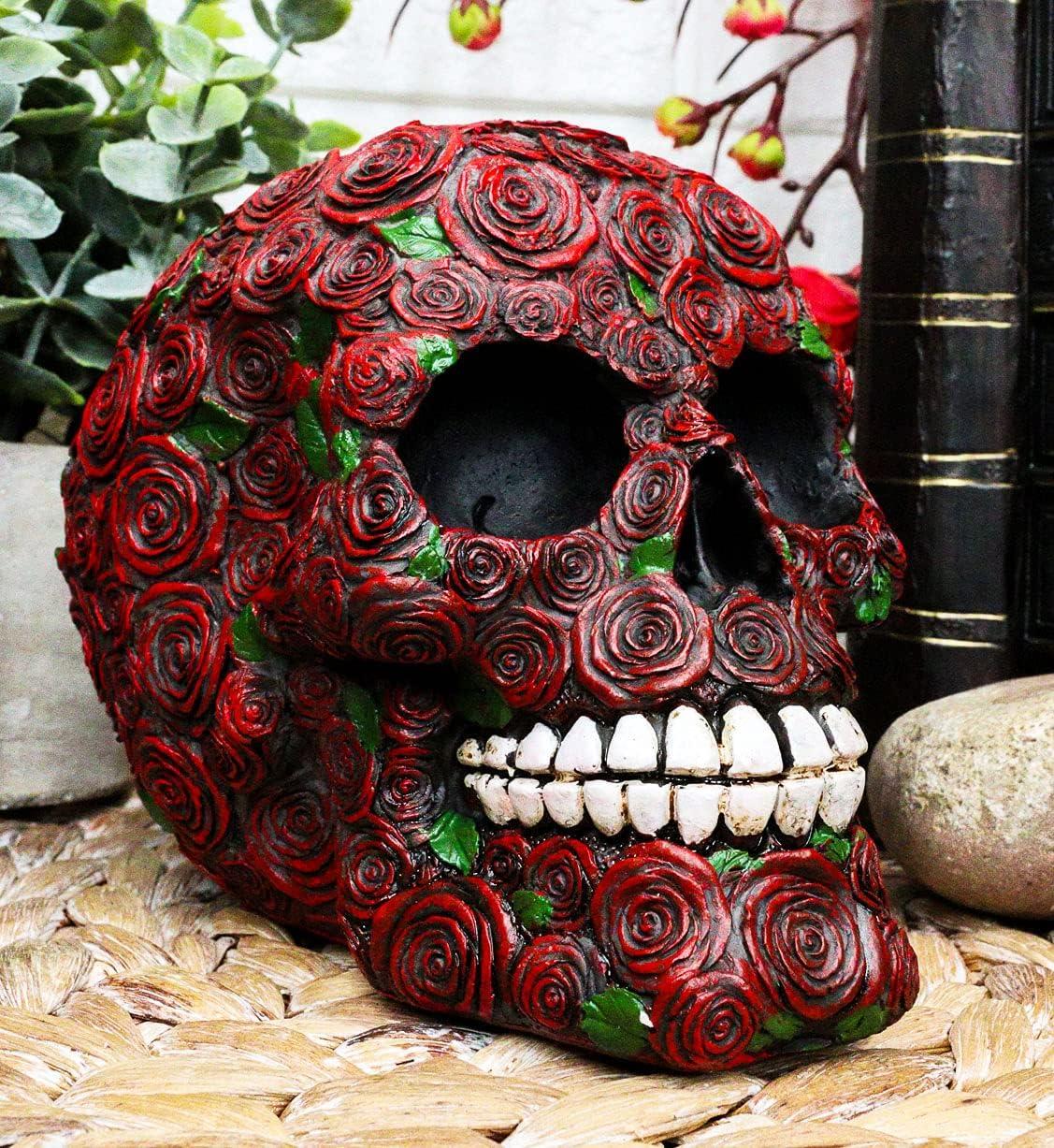 Day of The Dead Red Floral Roses With Green Petals Sugar Skull Figurine Decor