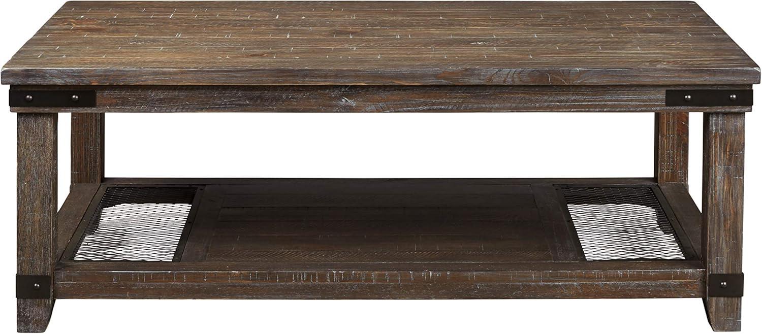 Danell Ridge Rectangular Cocktail Table Brown - Signature Design by Ashley: Solid Pine, Iron-Tone Brackets, Storage Shelf