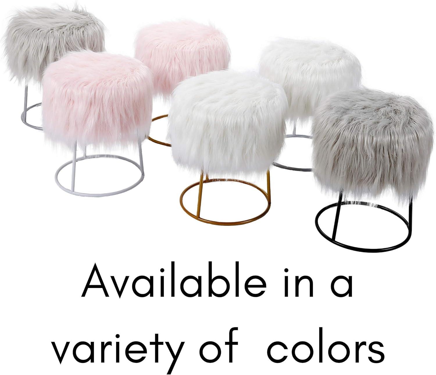 BirdRock Home Round White Faux Fur Foot Stool Storage Ottoman with Silver Legs