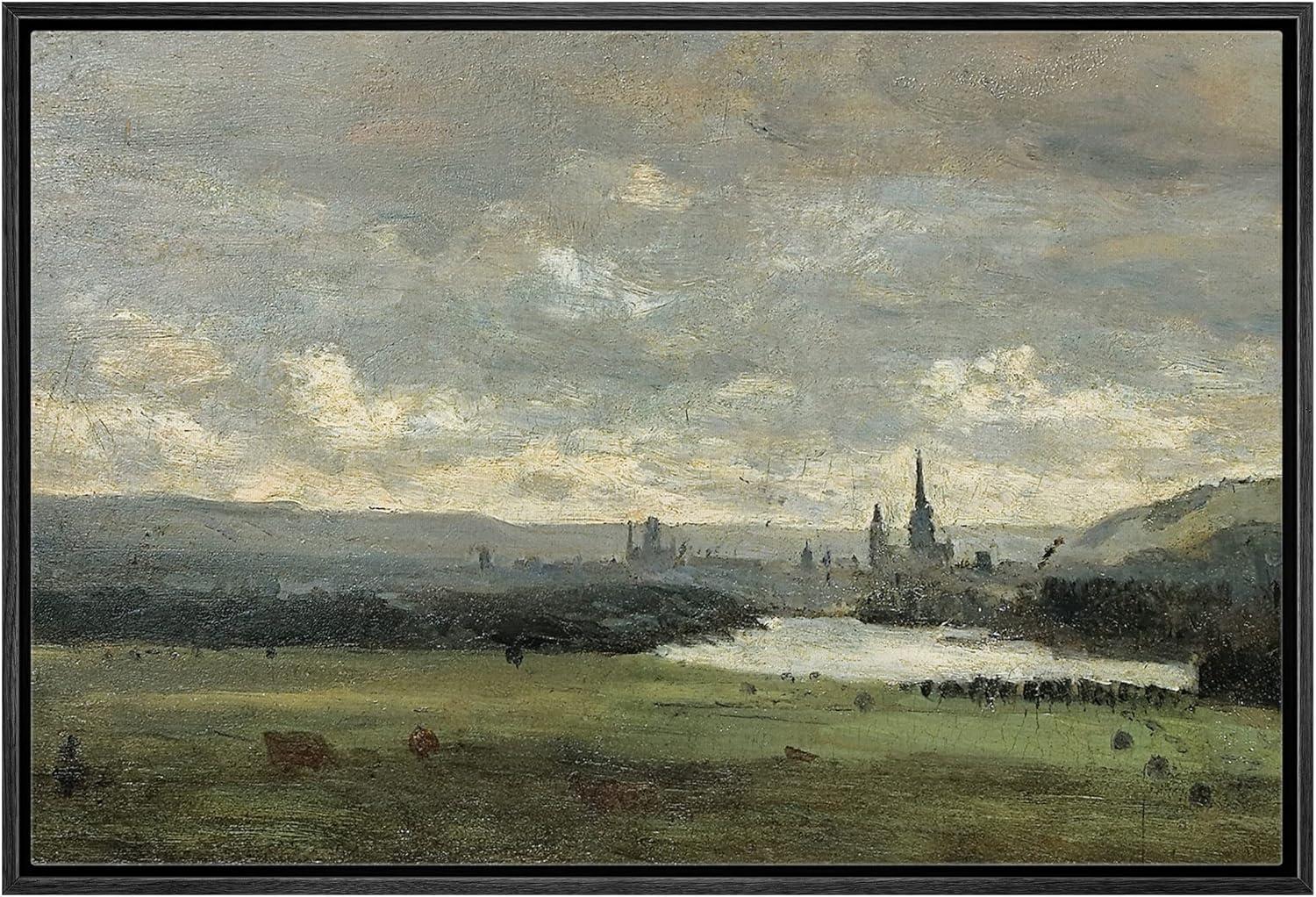 IDEA4WALL Rustic Countryside " IDEA4WALL Framed Canvas Print Wall Art Pastel Storm Cloud Valley Lake Landscape Nature Wilderness Illustrations Fine Art Decorative Rustic Multicolor For Living Room, Bedroom, Office "