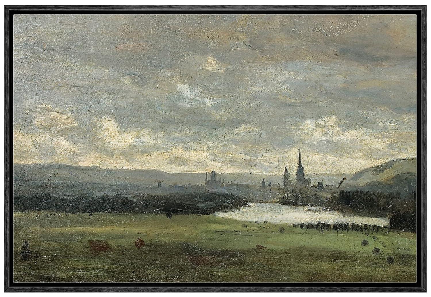 IDEA4WALL Rustic Countryside " IDEA4WALL Framed Canvas Print Wall Art Pastel Storm Cloud Valley Lake Landscape Nature Wilderness Illustrations Fine Art Decorative Rustic Multicolor For Living Room, Bedroom, Office "