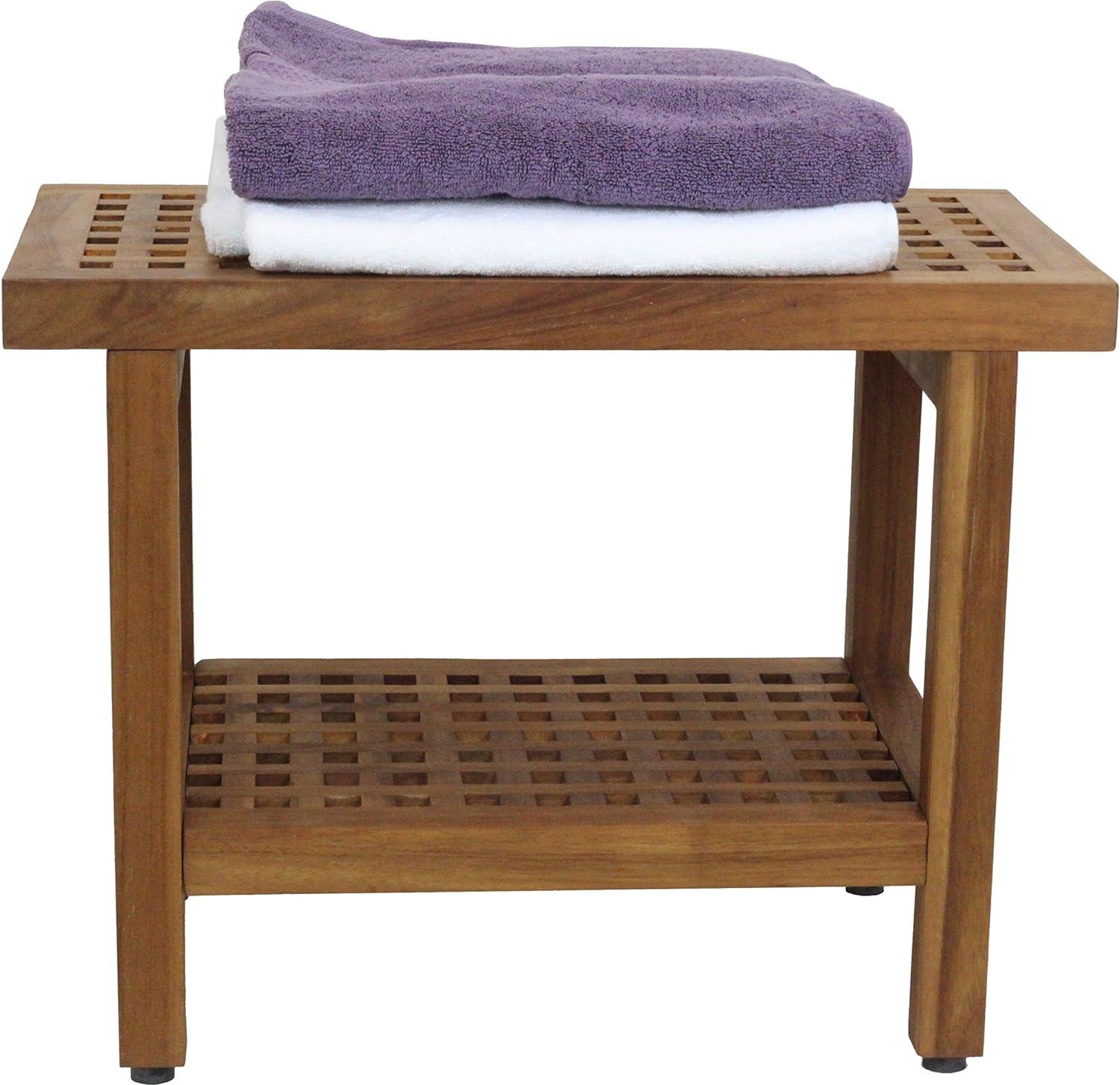 Teak Wood Grate Shower Bench with Shelf, 24 in. Wide