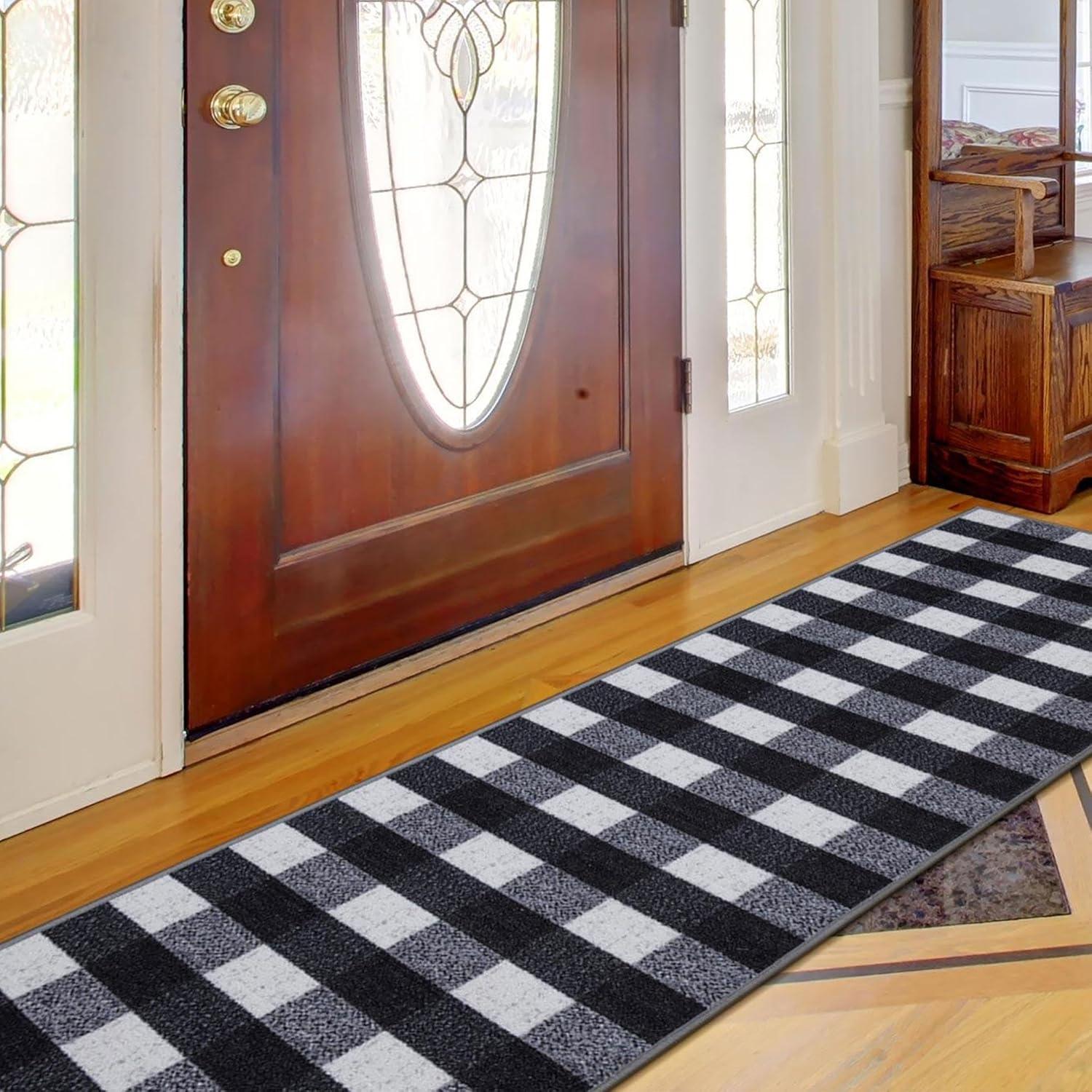 Black and White Checkered Synthetic Runner Rug 2'7" x 9'10"