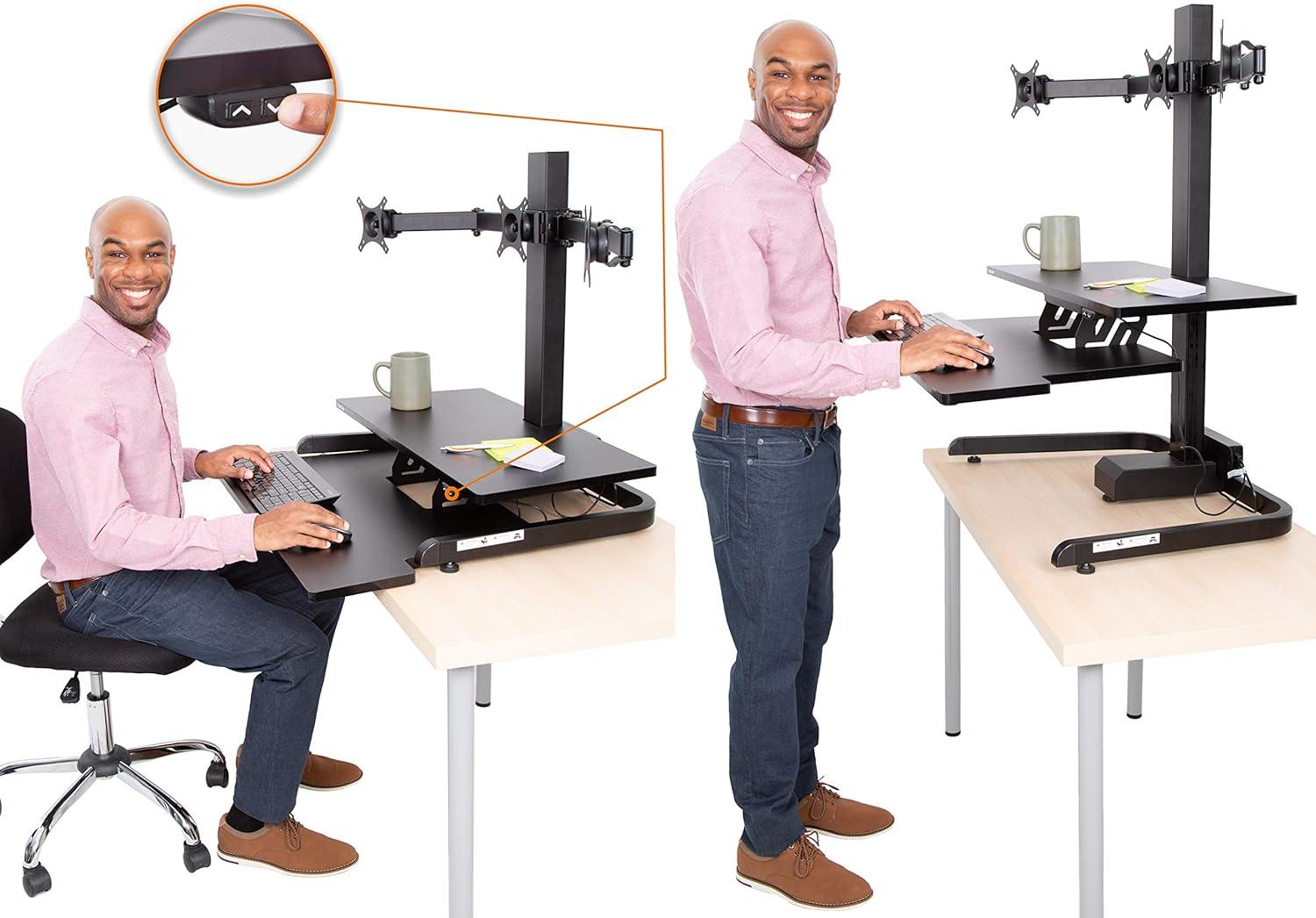 Techtonic Electric 3 Arm Monitor Mount Standing Desk - Sit to Stand Desk Converter with Keyboard Tray – Black – Stand Steady