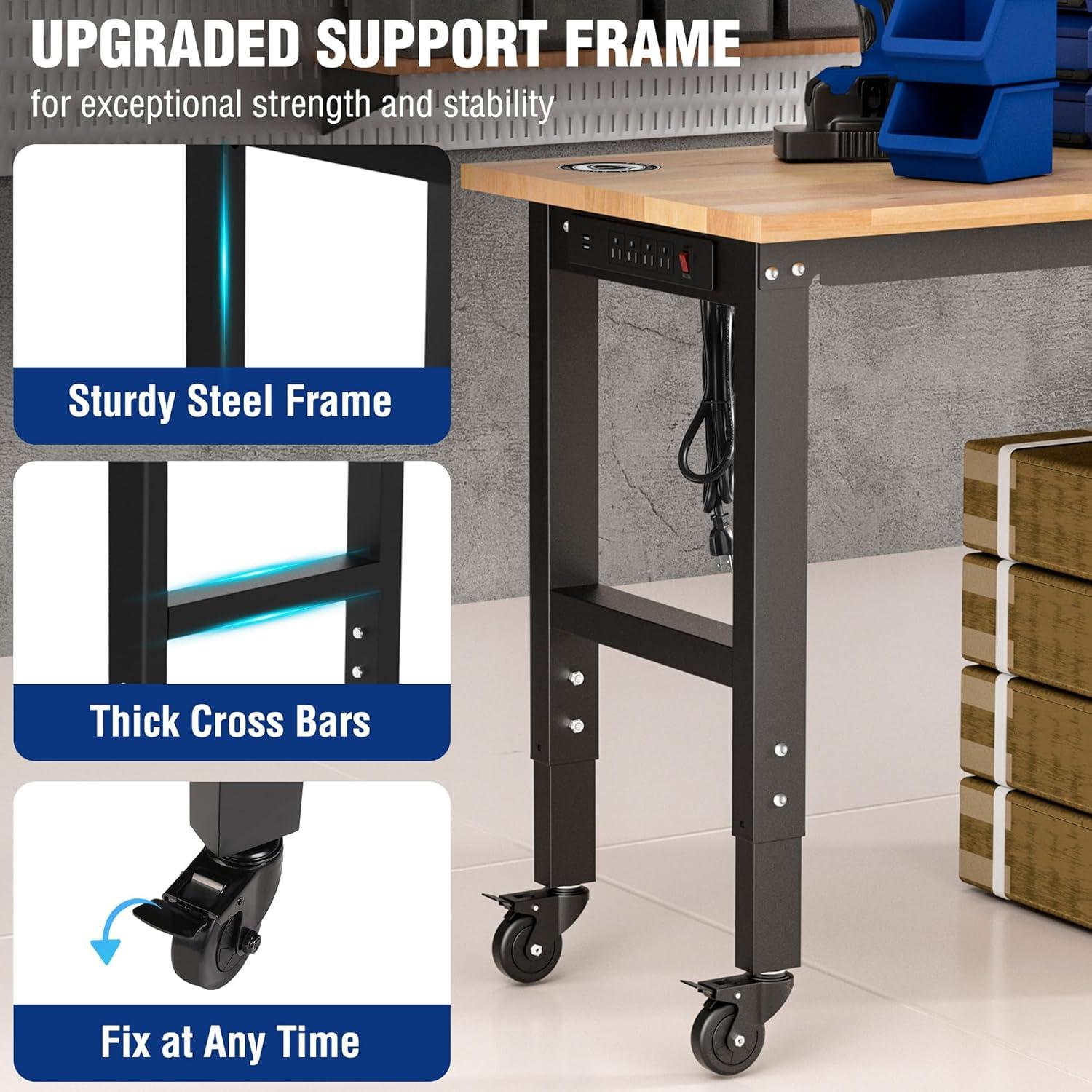 WORKPRO Garage Workbench, 48"X22" Adjustable Workbench with Wheels, Rubber Wood Top Heavy-Duty Workstation with Power Outlets, 1000 LBS Stationary Load Capacity, for Workshop, Garage