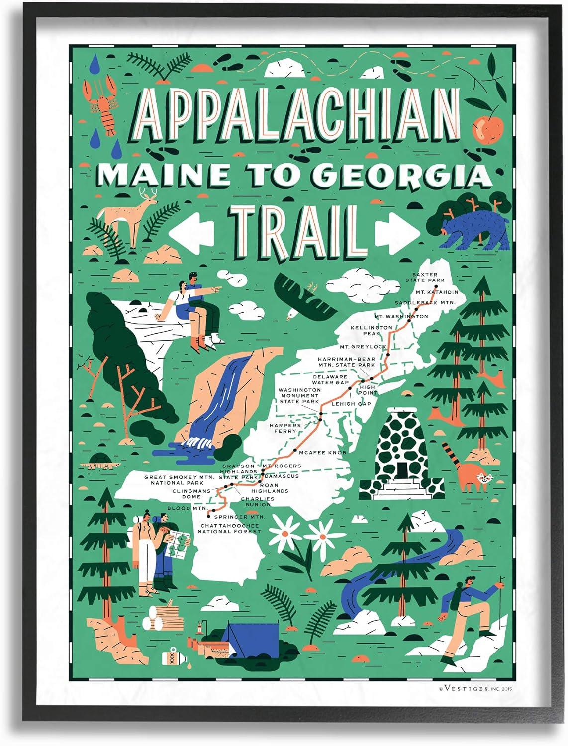 Appalachian Trail Green Illustrated Scenic Map Framed Canvas Art