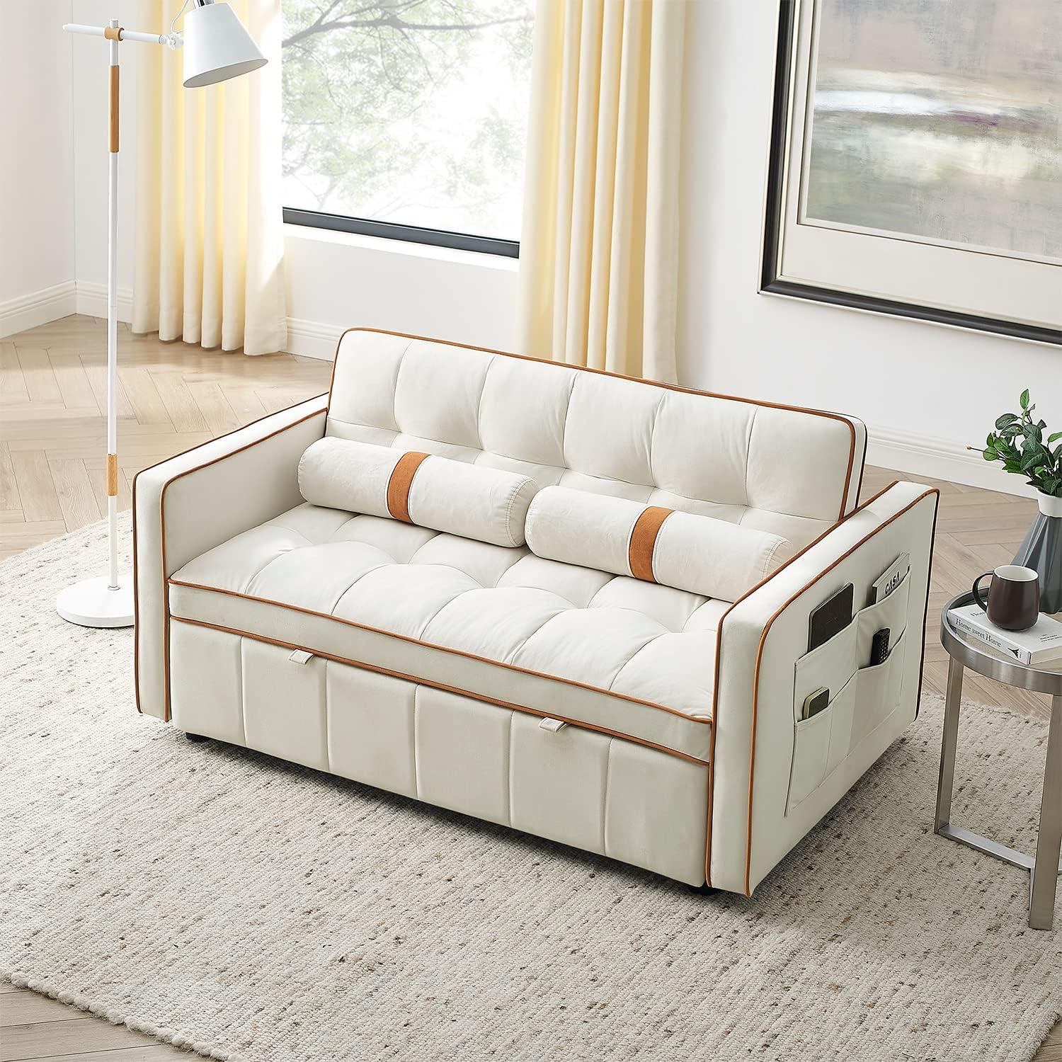 Yeahumalia 3 in 1 Convertible Velvet Loveseat Sleeper Futon Sofa Bed, Pull Out Couch with Side Table for Living Room, Bedroom, Grey