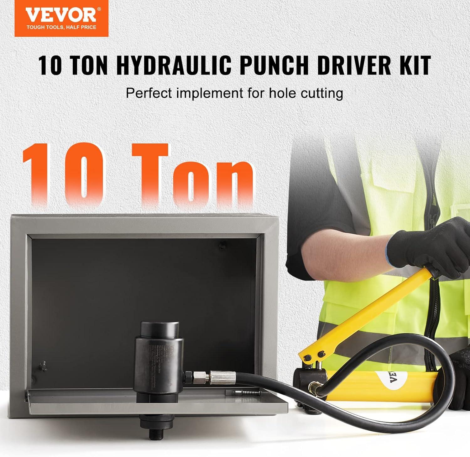 VEVOR Hydraulic Knockout Punch Kit, 10 Ton 1/2" to 2" Conduit Hole Cutter Set, KO Tool Kits with Puncher 6 Piece, Metal Sheet Driver Tools, Yellow