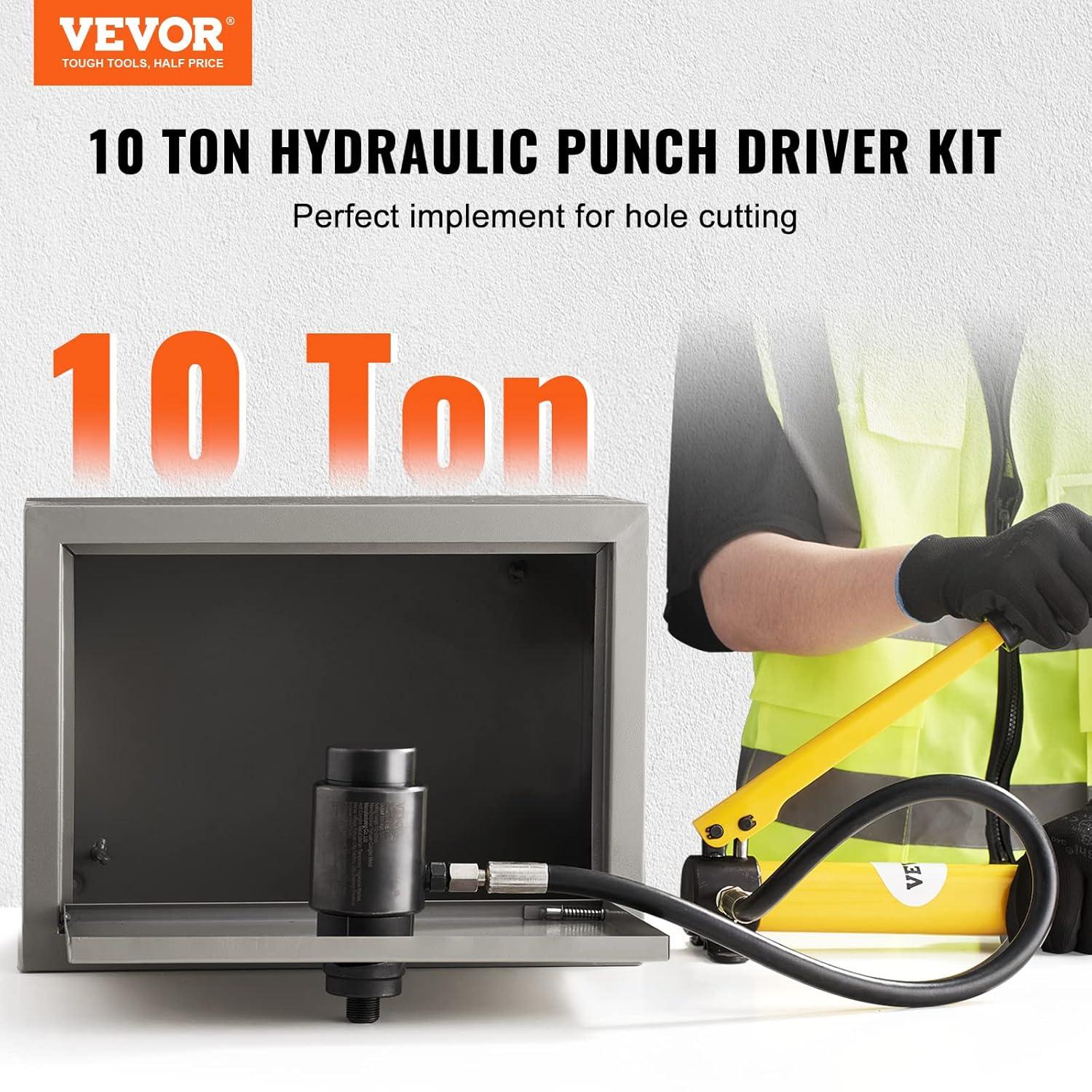 VEVOR Hydraulic Knockout Punch Kit, 10 Ton 1/2" to 2" Conduit Hole Cutter Set, KO Tool Kits with Puncher 6 Piece, Metal Sheet Driver Tools, Yellow