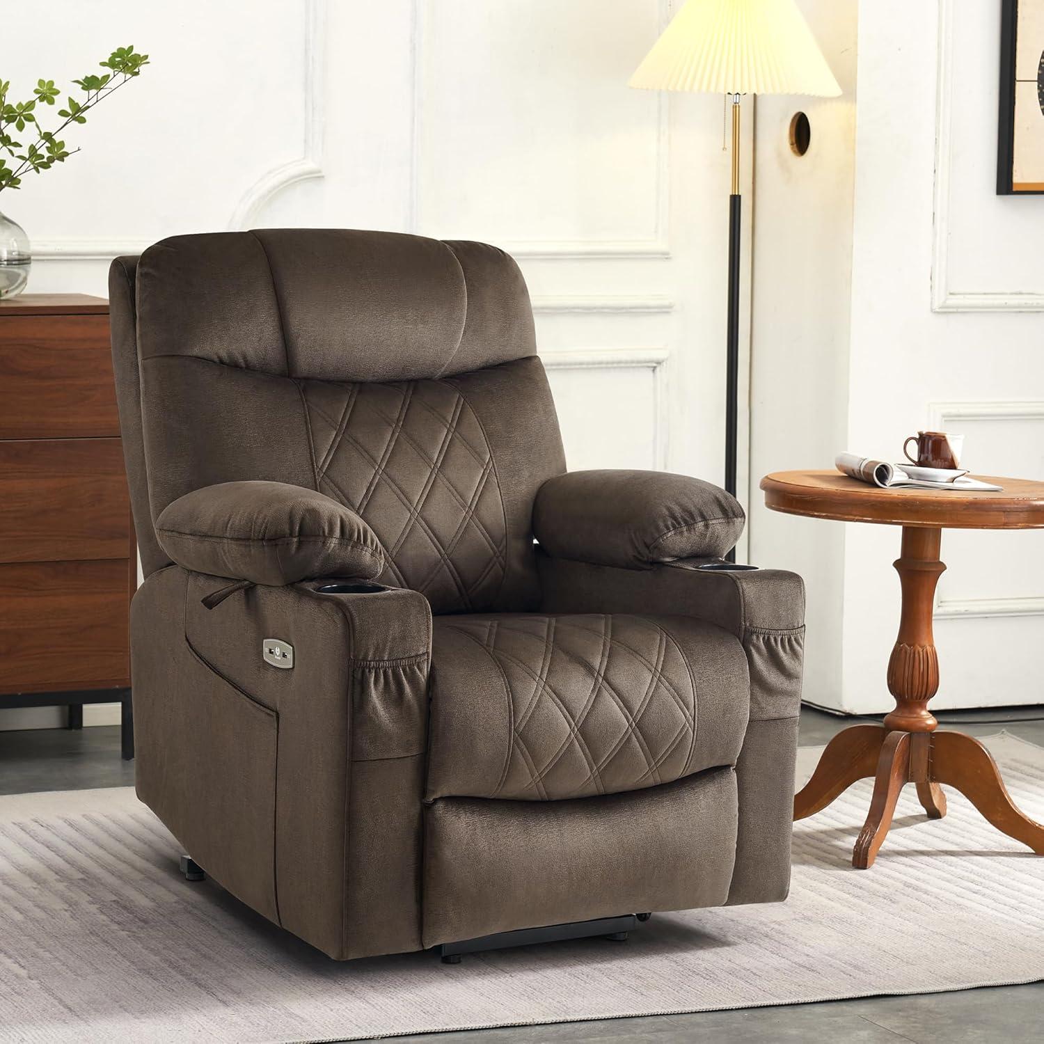 MCombo Small Size Triple Motor Power Lift Recliner Chair Sofa with Massage and Dual Heating, Adjustable Headrest for Elderly People Petite, USB Ports, Extended Footrest, Fabric 7222 (Dark Grey)