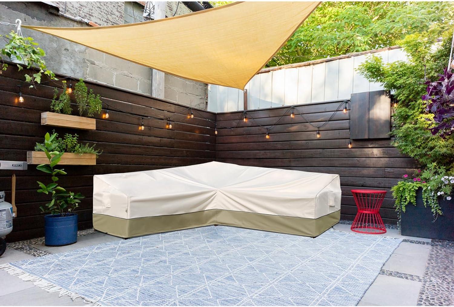 Outdoor Sectional Cover-V-Shaped Garden Patio Furniture Covers Waterproof Rip-Stop Anti-UV 600D Heavy Duty Outdoor Couch Cover with 3 Air Vents Sofa Cover 85''L 33.5''D 31''H,Beige & Reddish Brown