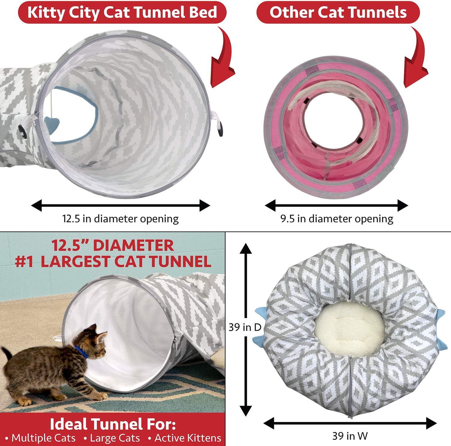 Large Gray and White Polyester Round Cat Tunnel Bed