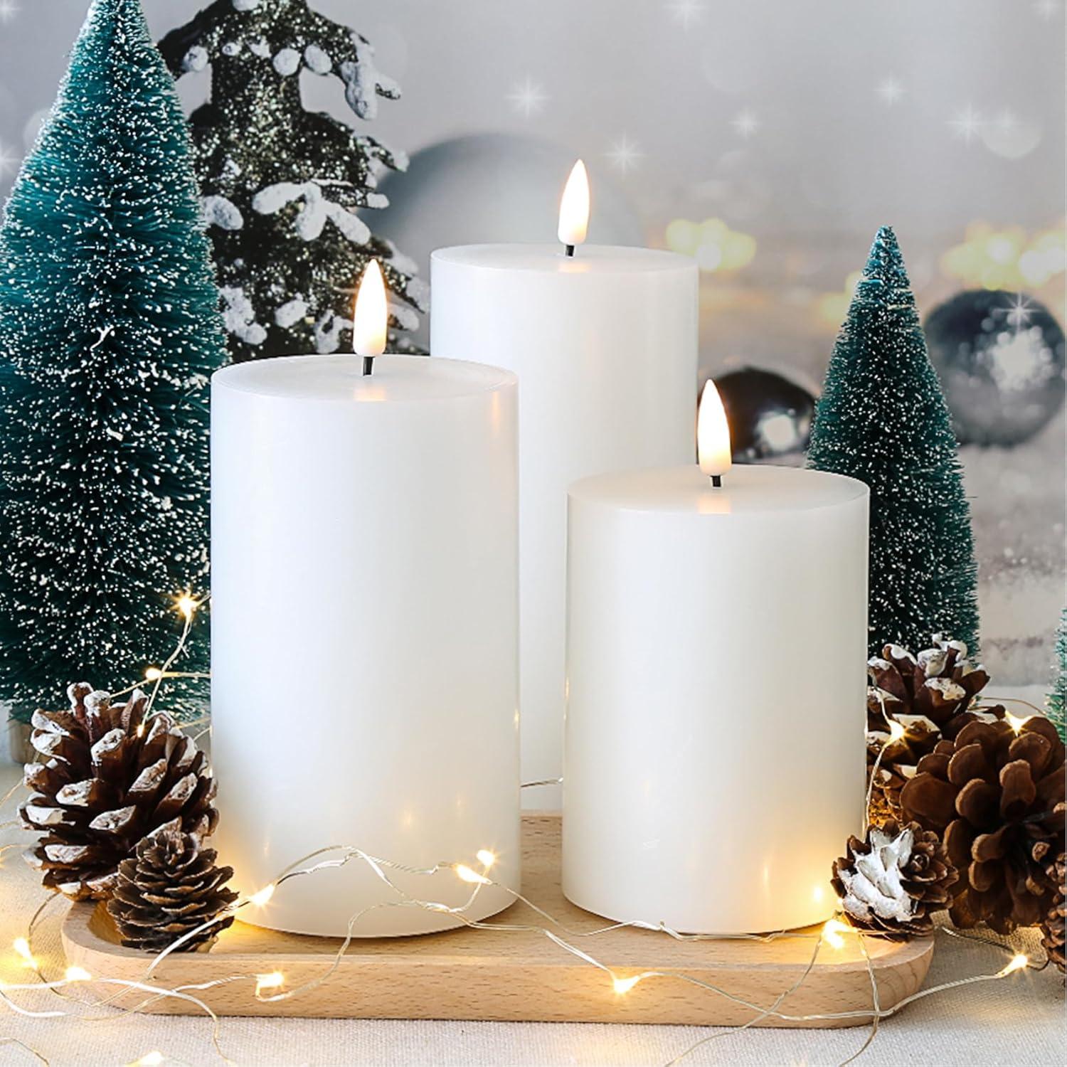 Eywamage 3 Pack White Flameless Pillar Candles with Remote D 3" H 4" 5" 6", Flat Top Flickering Electric LED Battery Candles, Real Wax Unscented