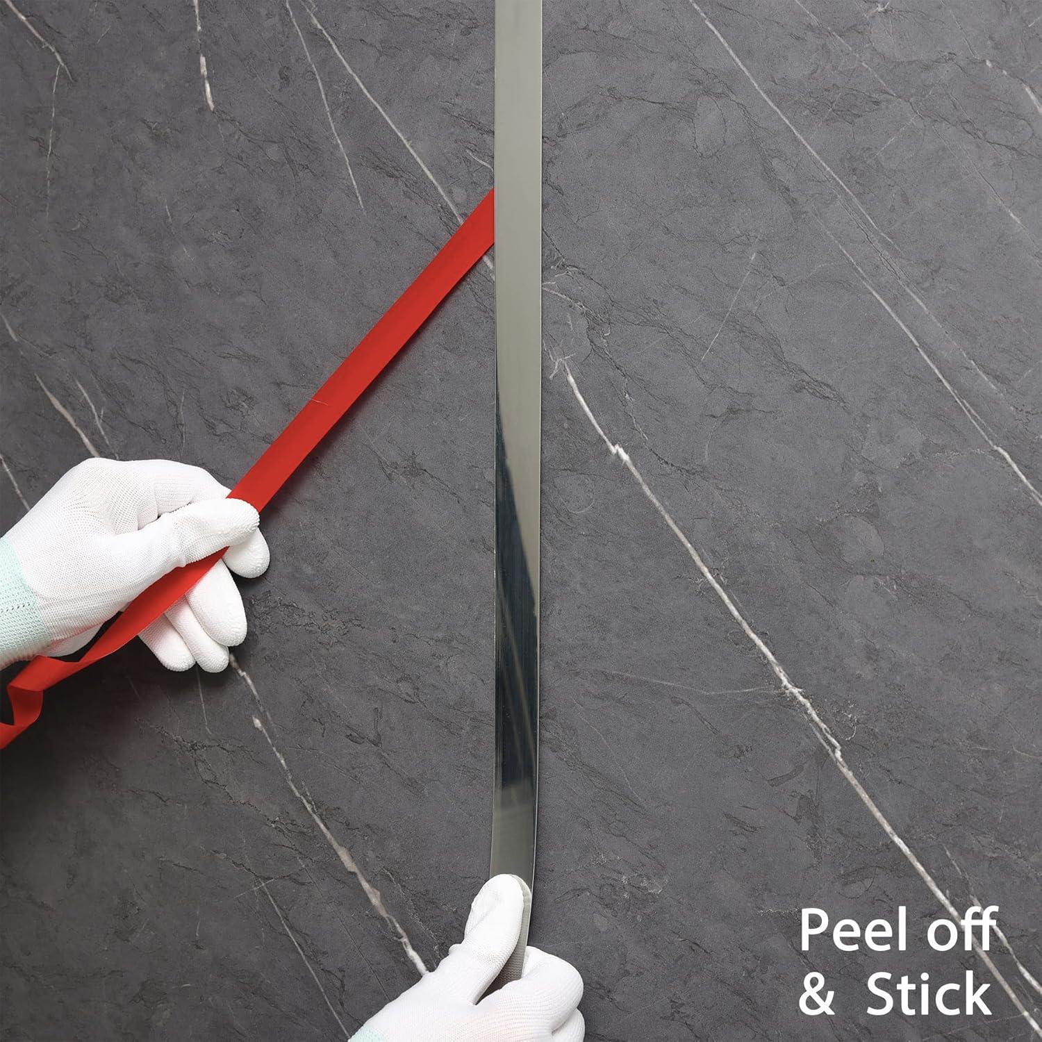 Stainless Steel Wall Molding Trim Peel and Stick, Flexible Self-Adhesive Metal Trim for Ceiling, Mirror Frame and More, Mirror-Like Finish Metallized Silver