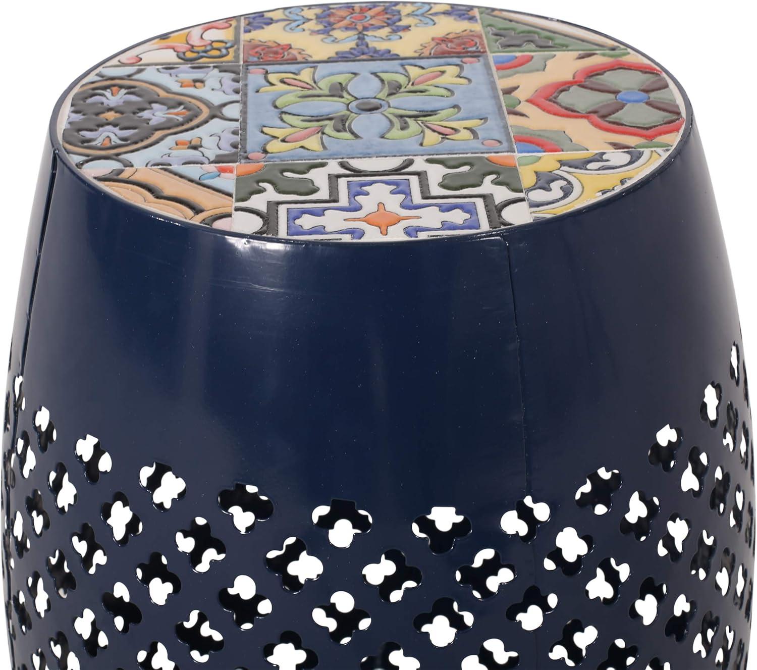 GDF Studio Kalyse Outdoor Lace Cut Side Table with Tile Top, Dark Blue and Multicolored