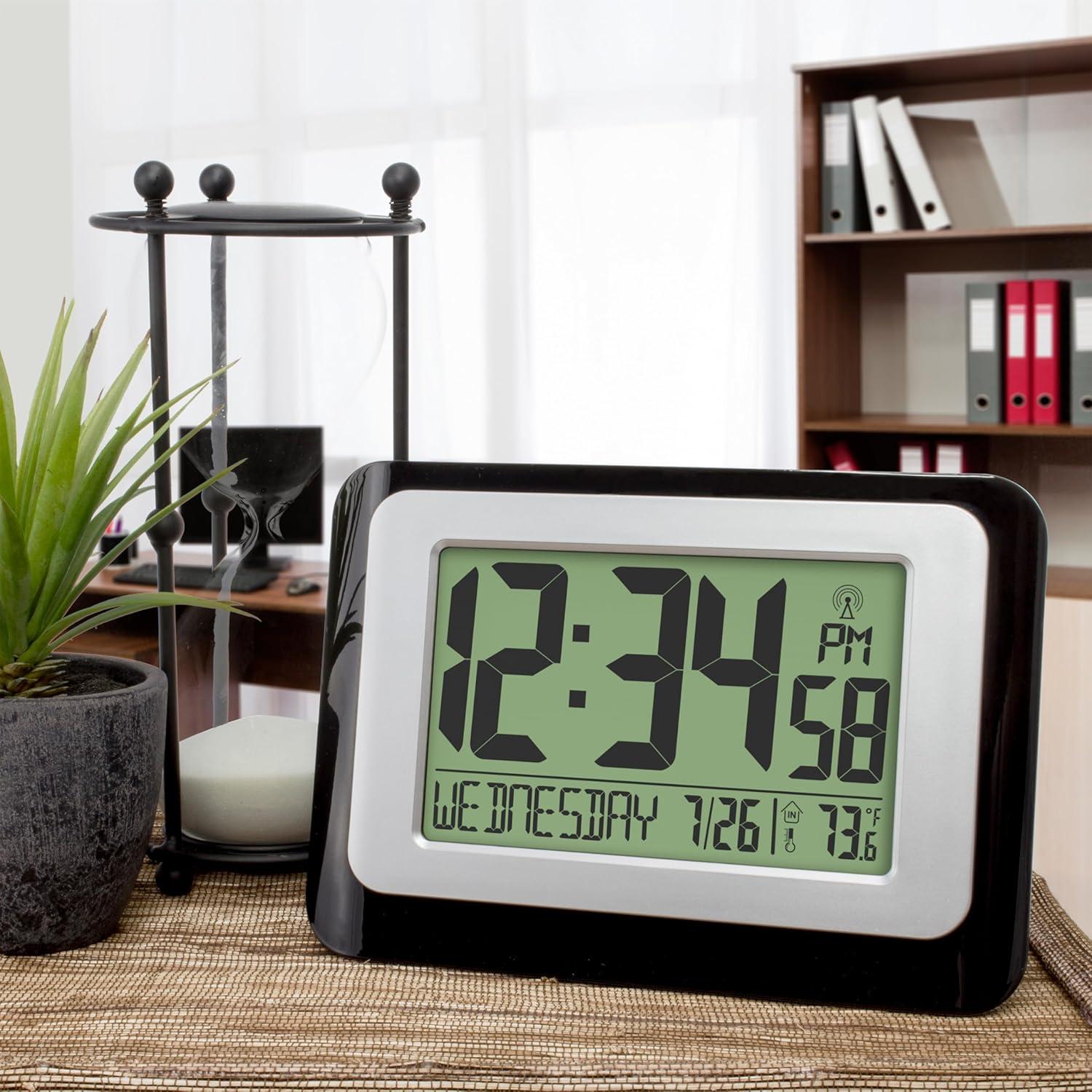 Black and Silver Digital Atomic Wall Clock with Temperature Display