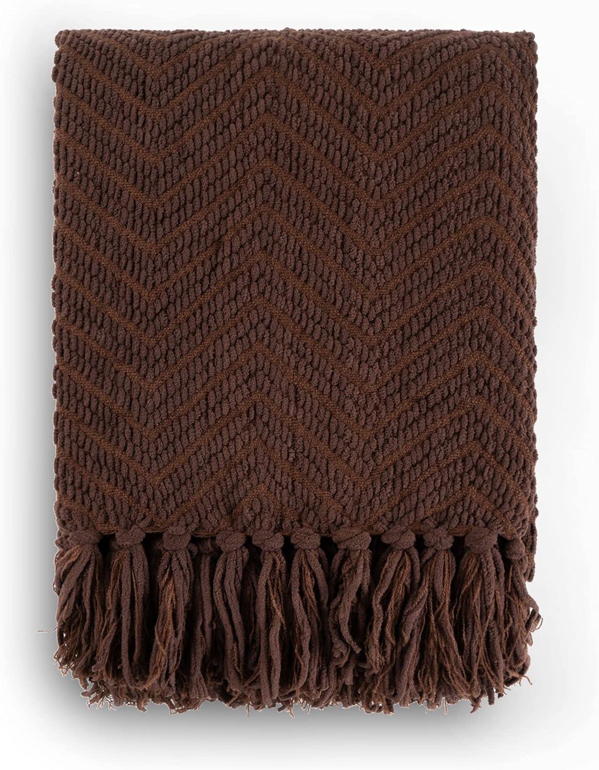 Battilo Dark Brown Throw Blanket for Couch, Knitted Brown Herringbone Throw,Housewarming Gifts,50'' x 60''