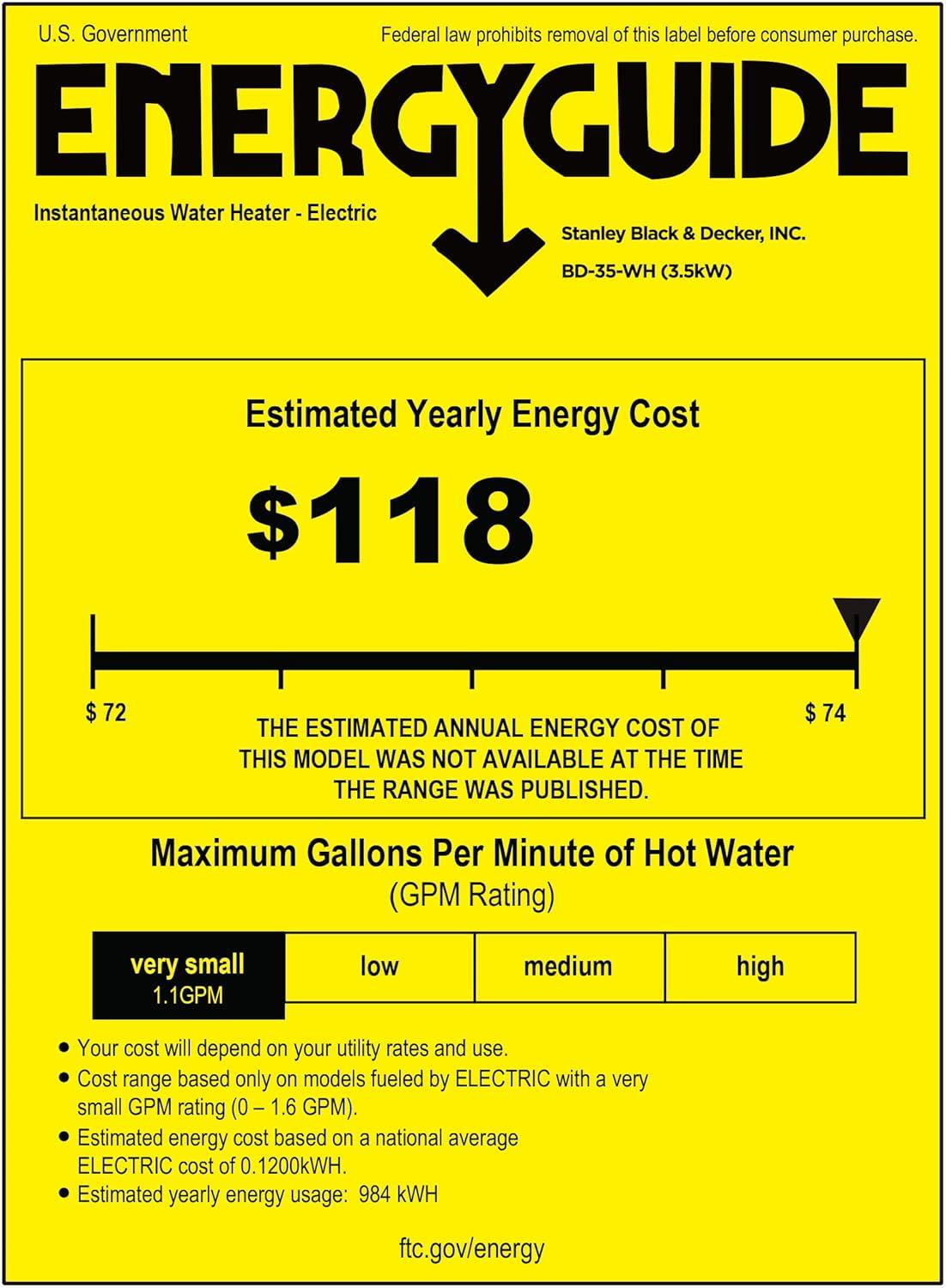 Black+Decker 3.5kW/120V 0.5 GPM Point-of-Use Electric Tankless Water Heater