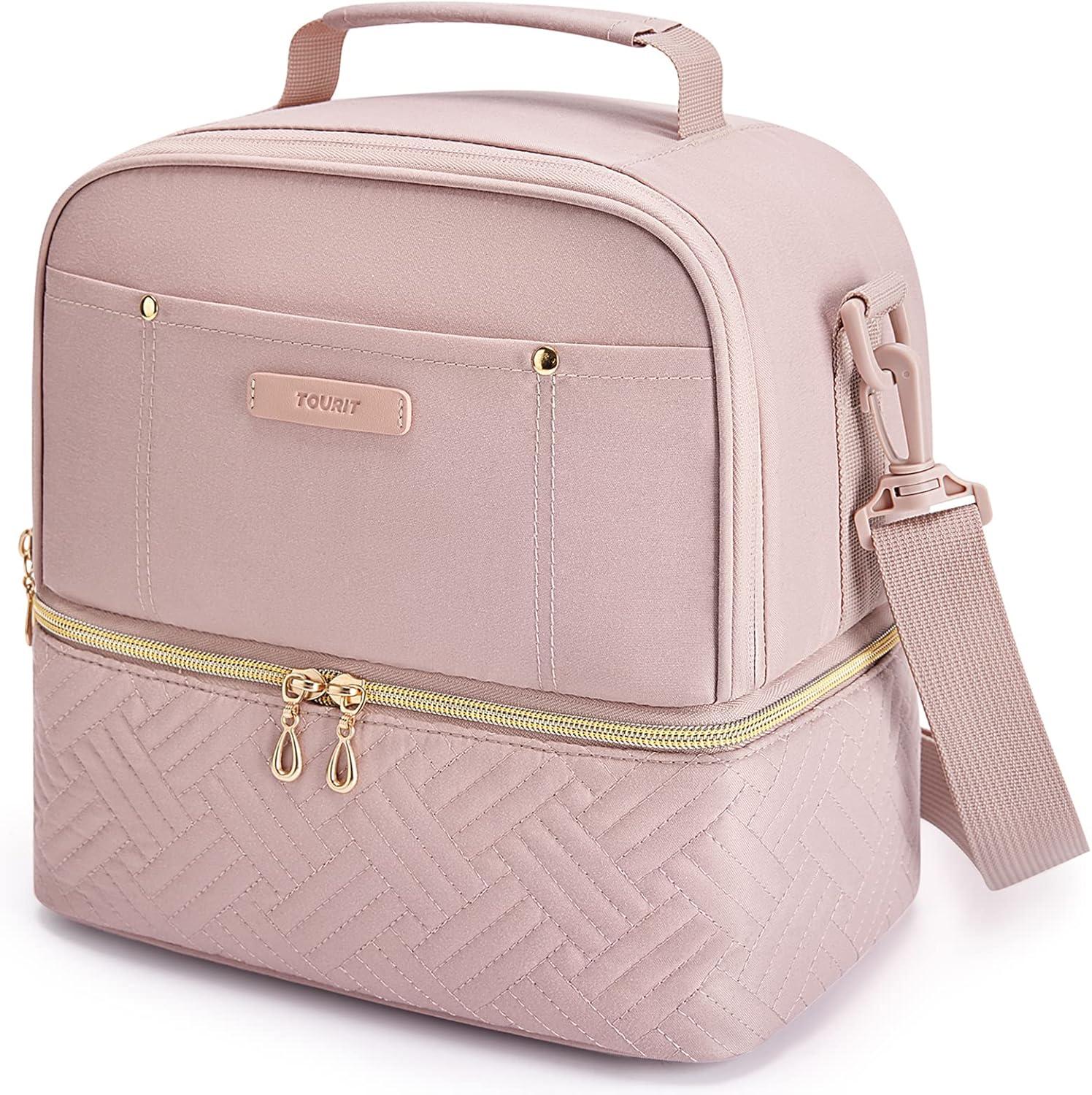 TOURIT Bolsa de Almuerzo Aislada Recipientes de Lonchera Reutilizables, Bolsa Hielera con Dos Pisos y Térmica a Prueba de Fugas, Correa para el Hombro para Mujeres, Hombres, Niños, Escuela de Trabajo, Picnic en la Playa, Rosa