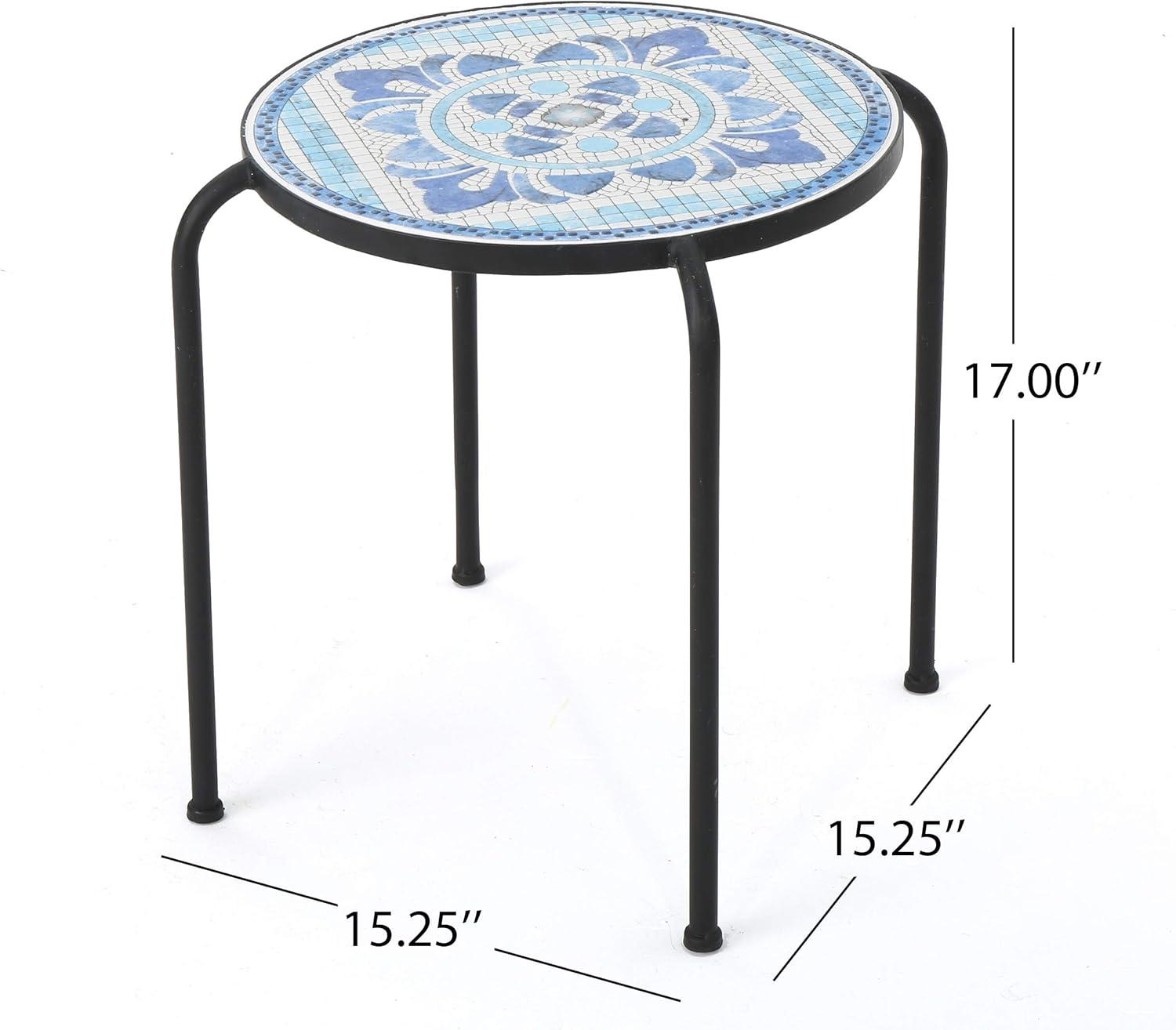 Sindarin Outdoor Ceramic Tile Round Side Table, Blue and White